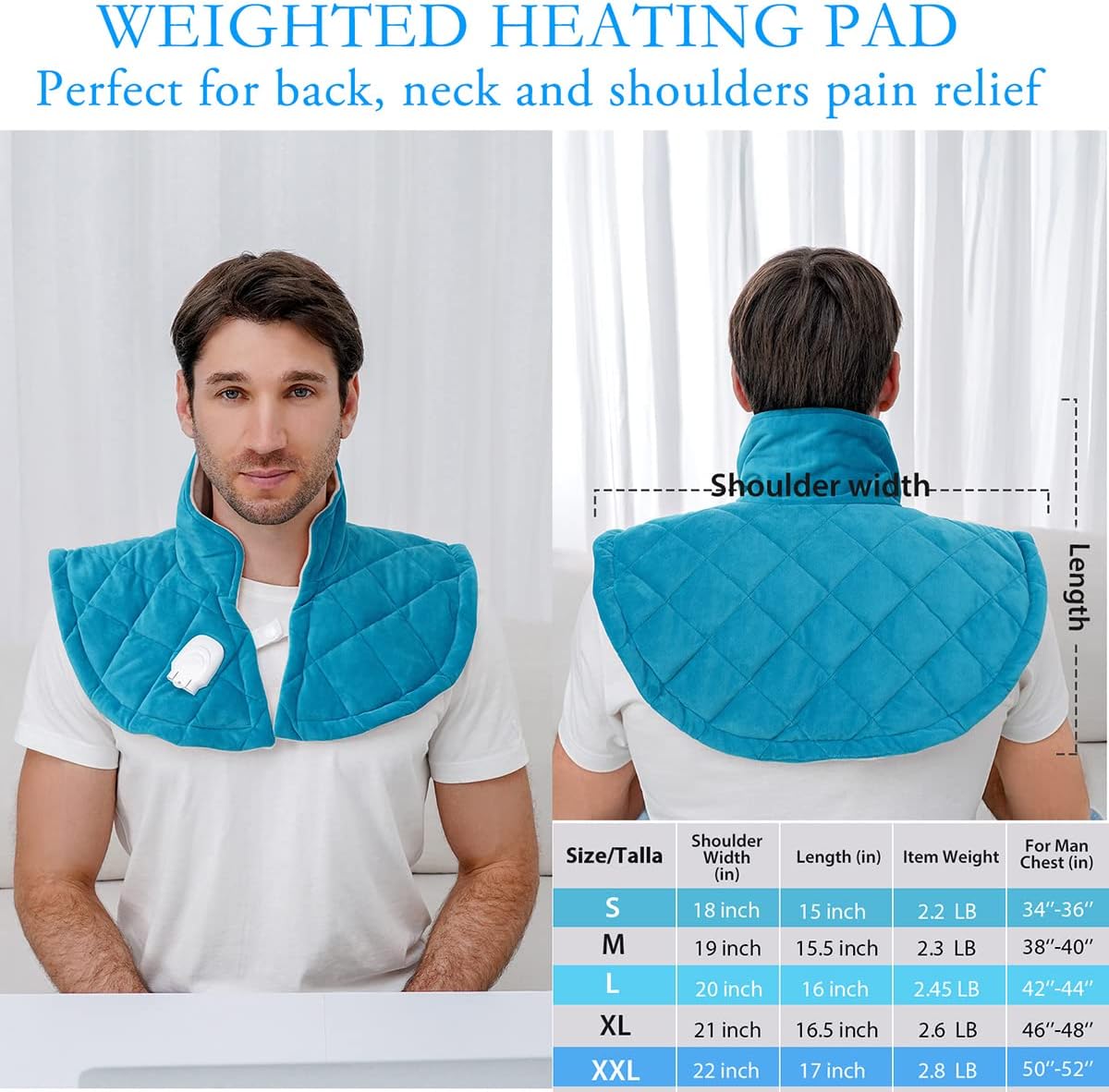 Electric Heating Pad for Neck and Shoulders, Far Infrared Heated Pad for Pain Back Relief, Weighted Electric Heating Pads with Auto-Off, Gifts for Women Men Mom Dad(L, Blue)