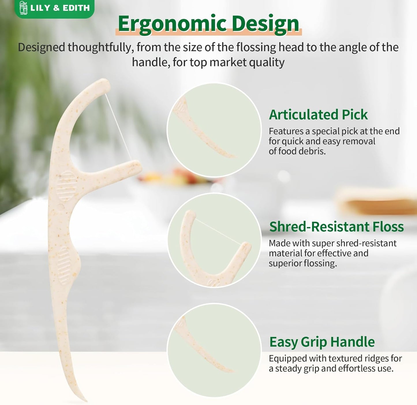 LILY & EDITH Biodegradable Dental Floss Picks Adults and Kids 300 Counts, Fluoride-Free, Plant Based Straw Wheat Material, Zero Waste Package, Shred Resistant (Mint)