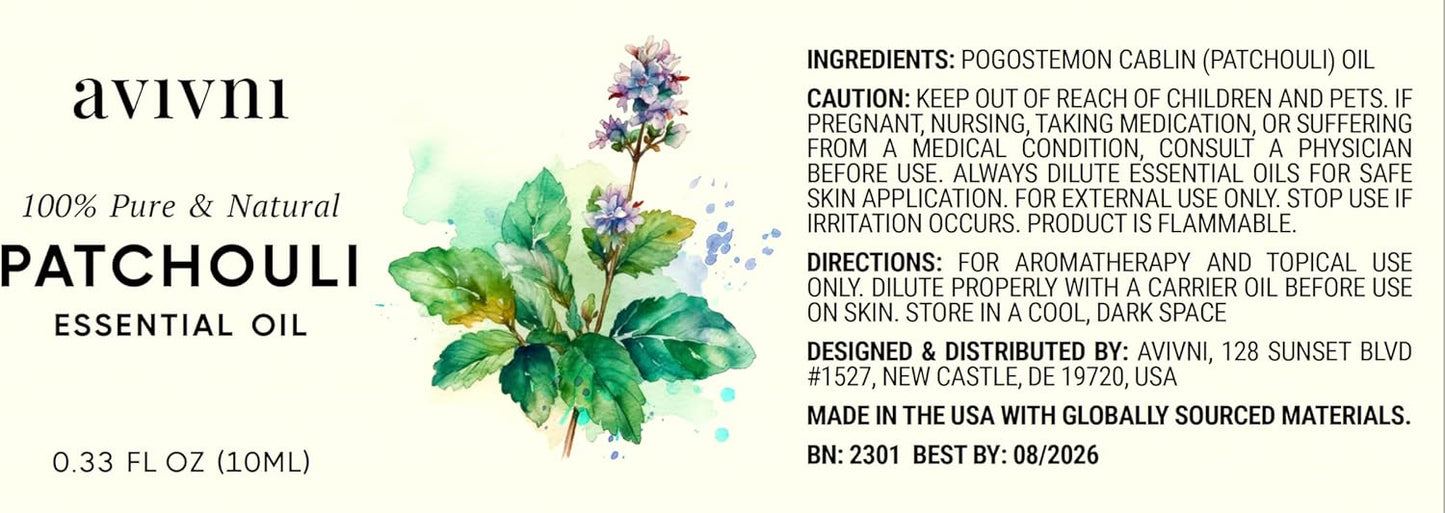 Avivni Patchouli Essential Oil - 100% Pure & Natural, Undiluted for Aromatherapy, Skin, Hair, Diffuser (0.33oz - 10ml)…