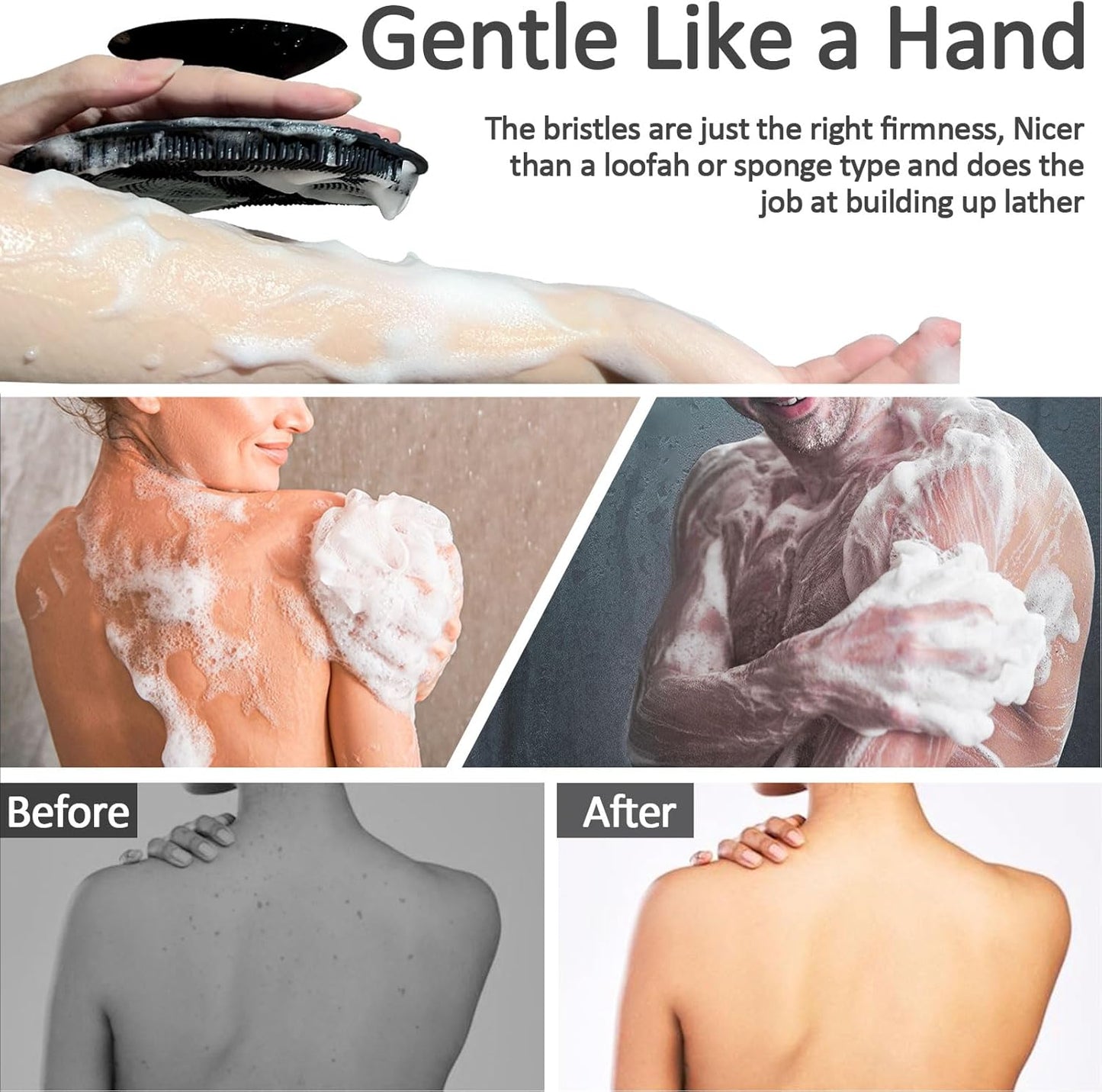 Soft Silicone Body Scrubber, Gentle Like a Hand Exfoliating Your Skin and Build Up Lather Easily, Back Large Suction Cup Easy to Store, Long-Lasting & Deep Clean (Black)