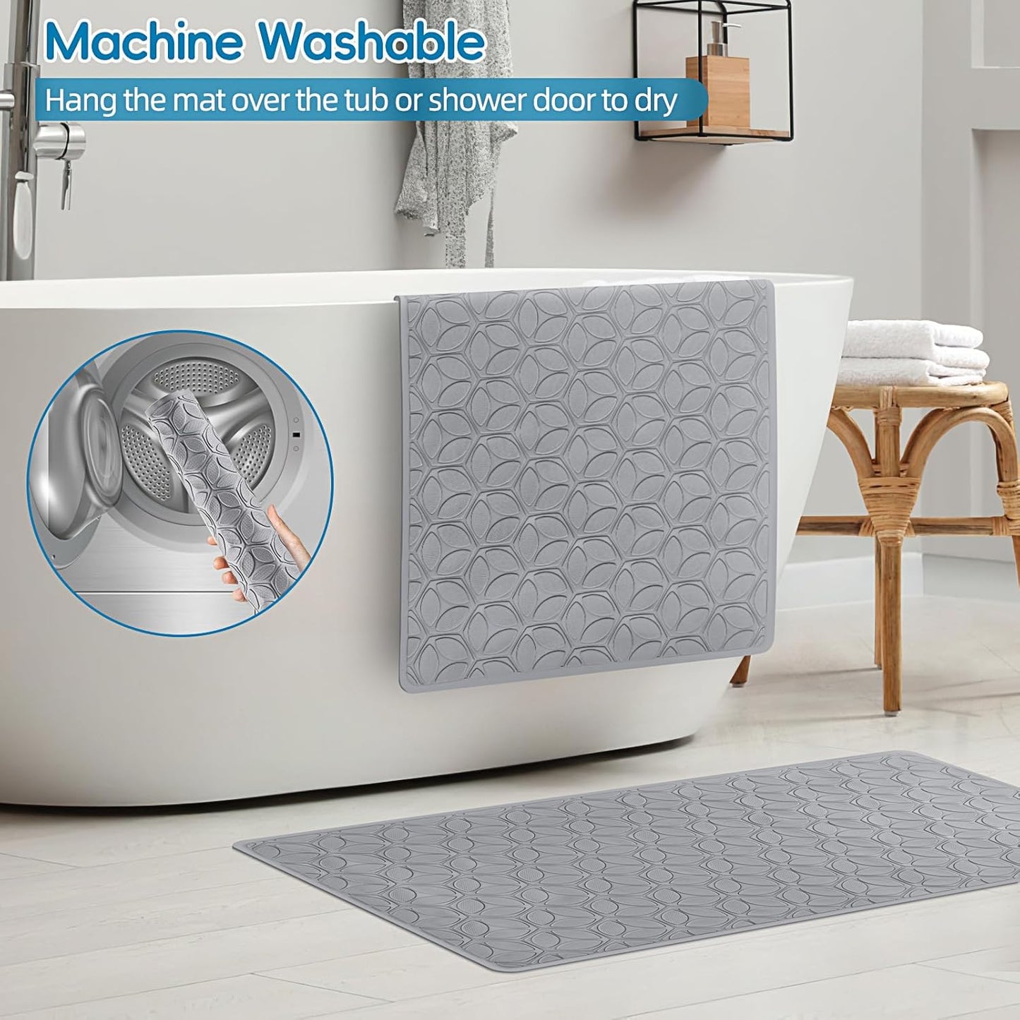 WRISIN Bathtub Mat Non Slip with Suction Cups - 100% Rubber Bathroom Mat Textured for Bath Tub Shower Safety - Soft on Touch - BPA/PVC Free - Pet Dog Bath Mat - Machine Washable - 16 × 28 Inch(Gray)