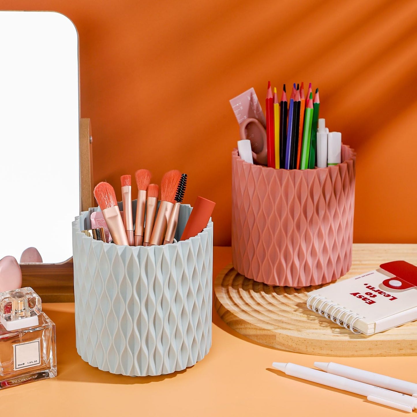 Pink 360° Rotating Makeup Organizer, Spinning Makeup Brush Holder, Unique Textured Makeup Brush Cups for Vanity Decor, Lipstick Holder for Bathroom Counter, Desk Storage Container