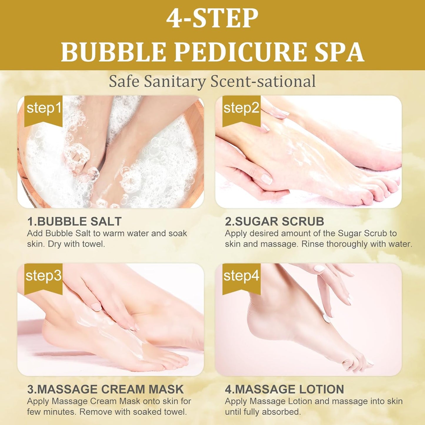Pedicure Kit Foot Soak Set: Bubble Salt, Sugar Scrub, Massage Mask, Massage Lotion in a Box, 4 Step Foot Spa Kit for Dry Feet, Calluses and Tired Feet(1 Set Honey Flower)
