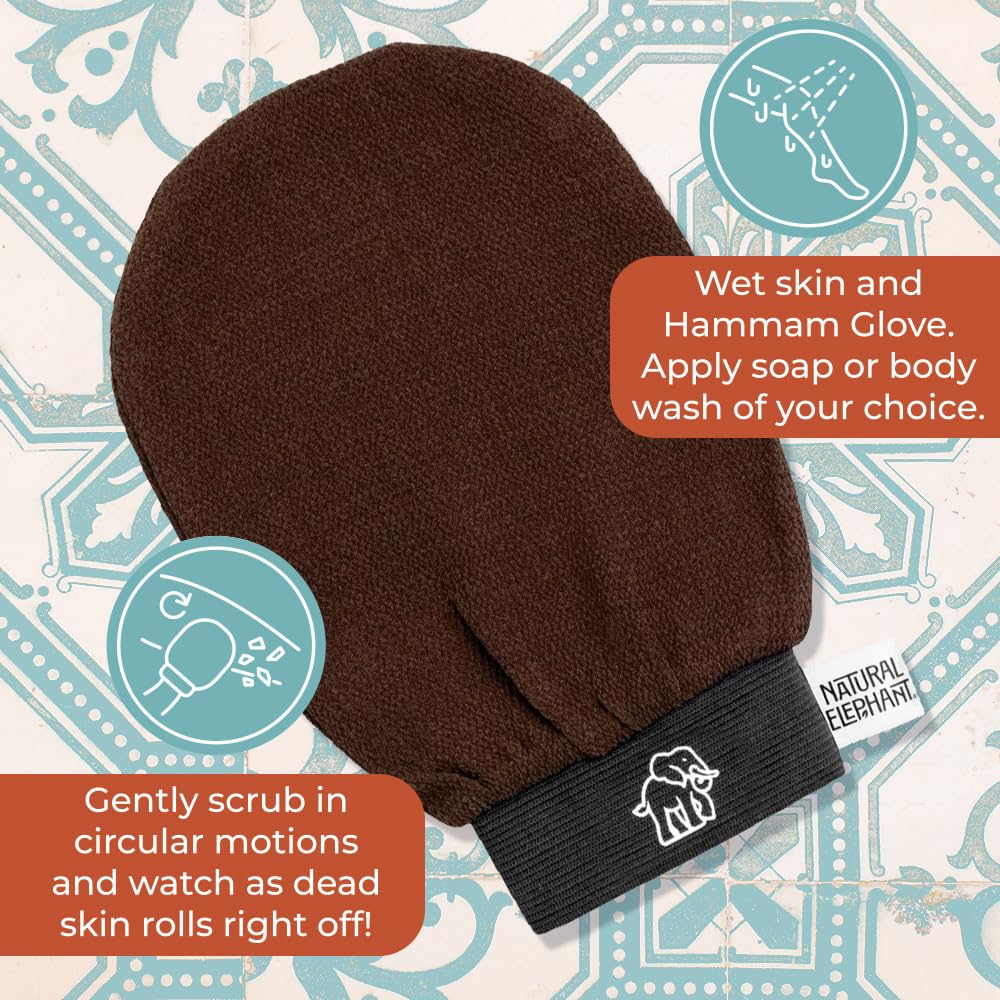 Natural Elephant Exfoliating Hammam Glove - Face and Body Exfoliator Mitt 5 and 10 Packs (3 Orange, 2 Teal (Pack of 5))