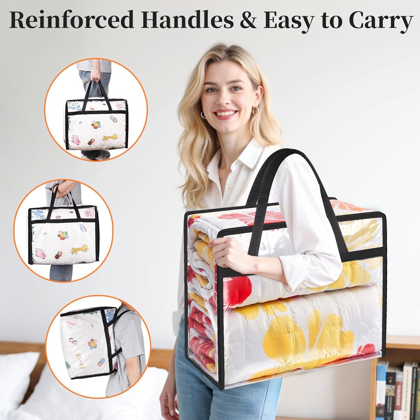 Clear Clothes Storage Bags, 4 Pack Closet Organizers and Under Bed Storage Containers, Foldable Moving Bags with Zippers for Comforter, Blanket, Bedding, Duvet, PVC Packing Bags 90L