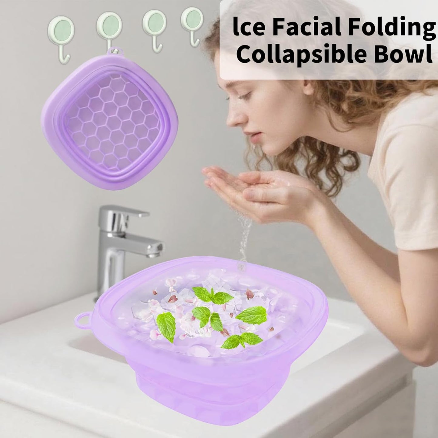 Face Bowl for Ice with Built-in IceTray,Collapsible Silicone Face Ice Bowl – Cold Plunge Therapy for Skin Tightening & Facial Treatment– Portable Spa Tool for Home & Travel(Purple)