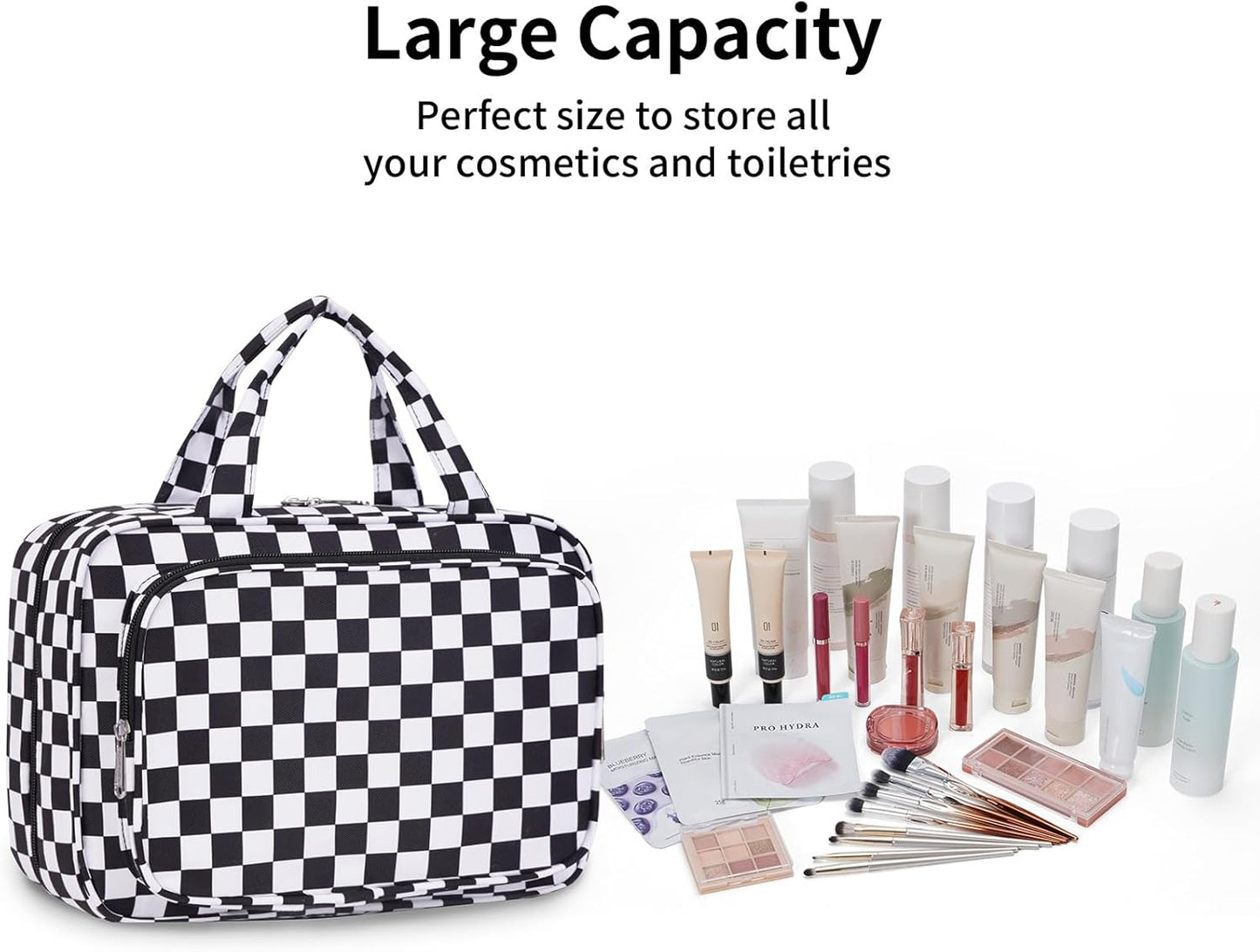 Narwey Travel Toiletry Bag for Women Large Hanging Makeup Bag Organizer Toiletries Bag for Full Size Essentials Accessories Cosmetics (Black Checkerboard (Large))