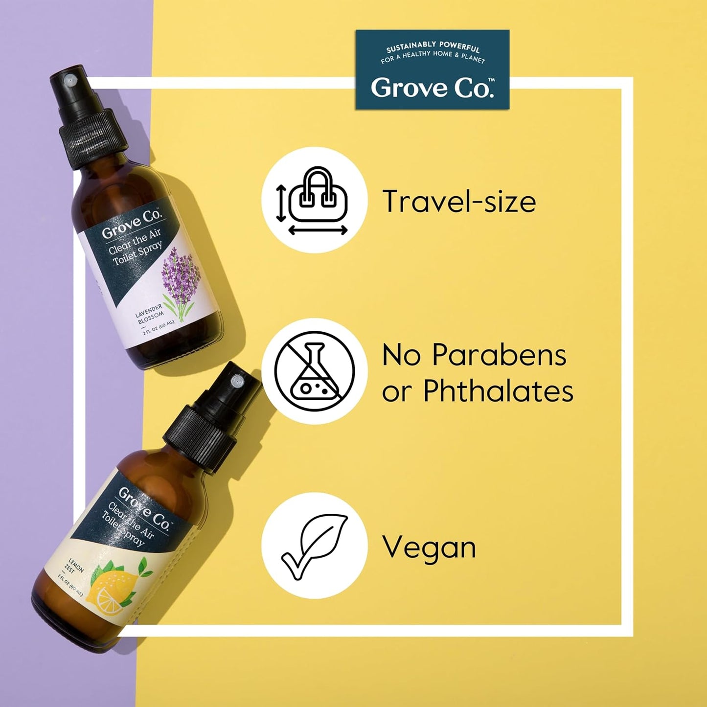 Grove Co. Toilet Spray, Clear the Air Bathroom Spray Air Freshener (2 fl oz) Odor Eliminator for Strong Odor, 100% Natural Lemon Zest Scent, Vegan, Paraben & Phthalate Free (Pack of 3)
