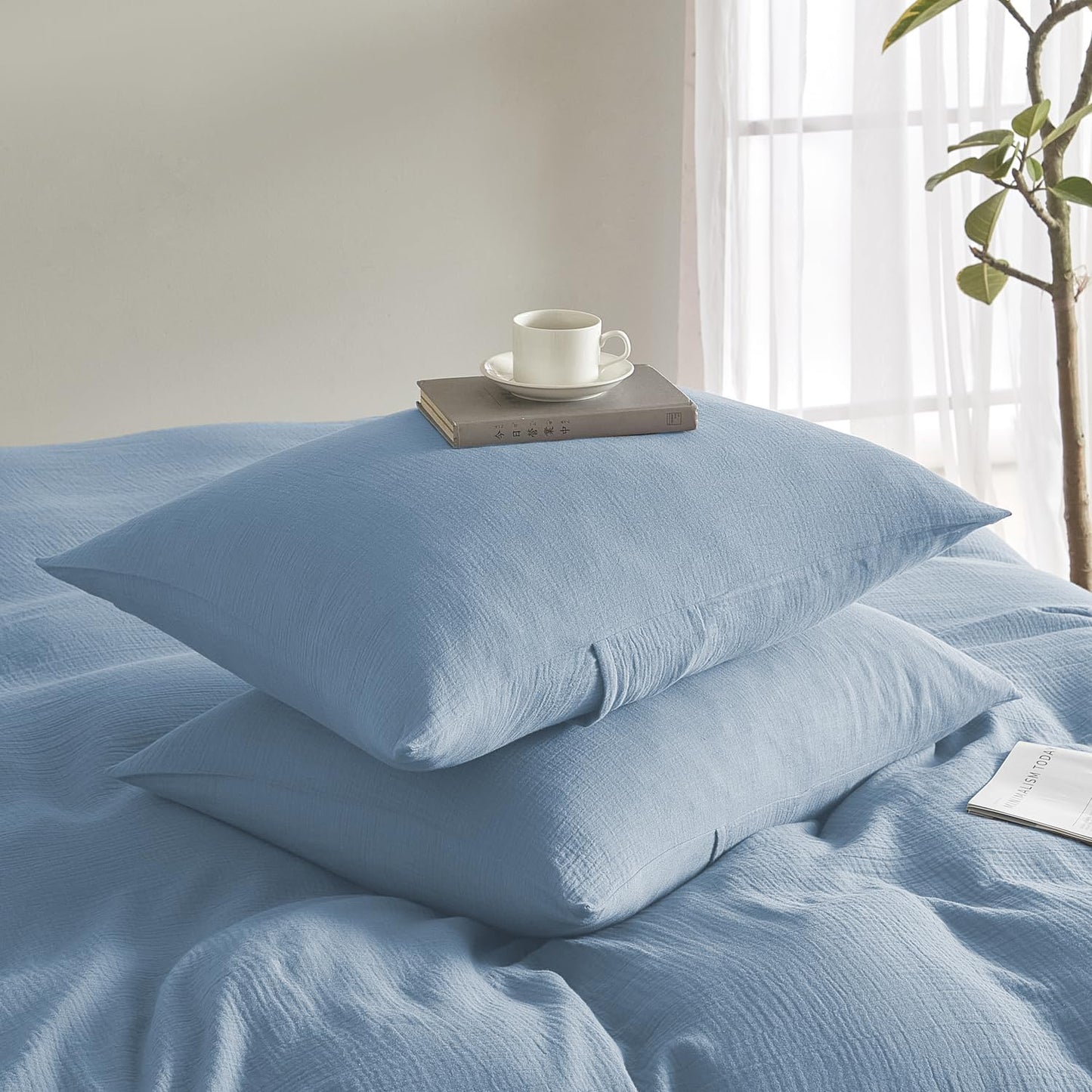 SE SOFTEXLY Muslin Pillowcases Standard Size 100% Cotton, 2 Pack Linen Like Pillow Shams with Envelope Closure, Ultral Soft and Breathable Pillow Case Covers, Blue, 20" X 26", No Filling