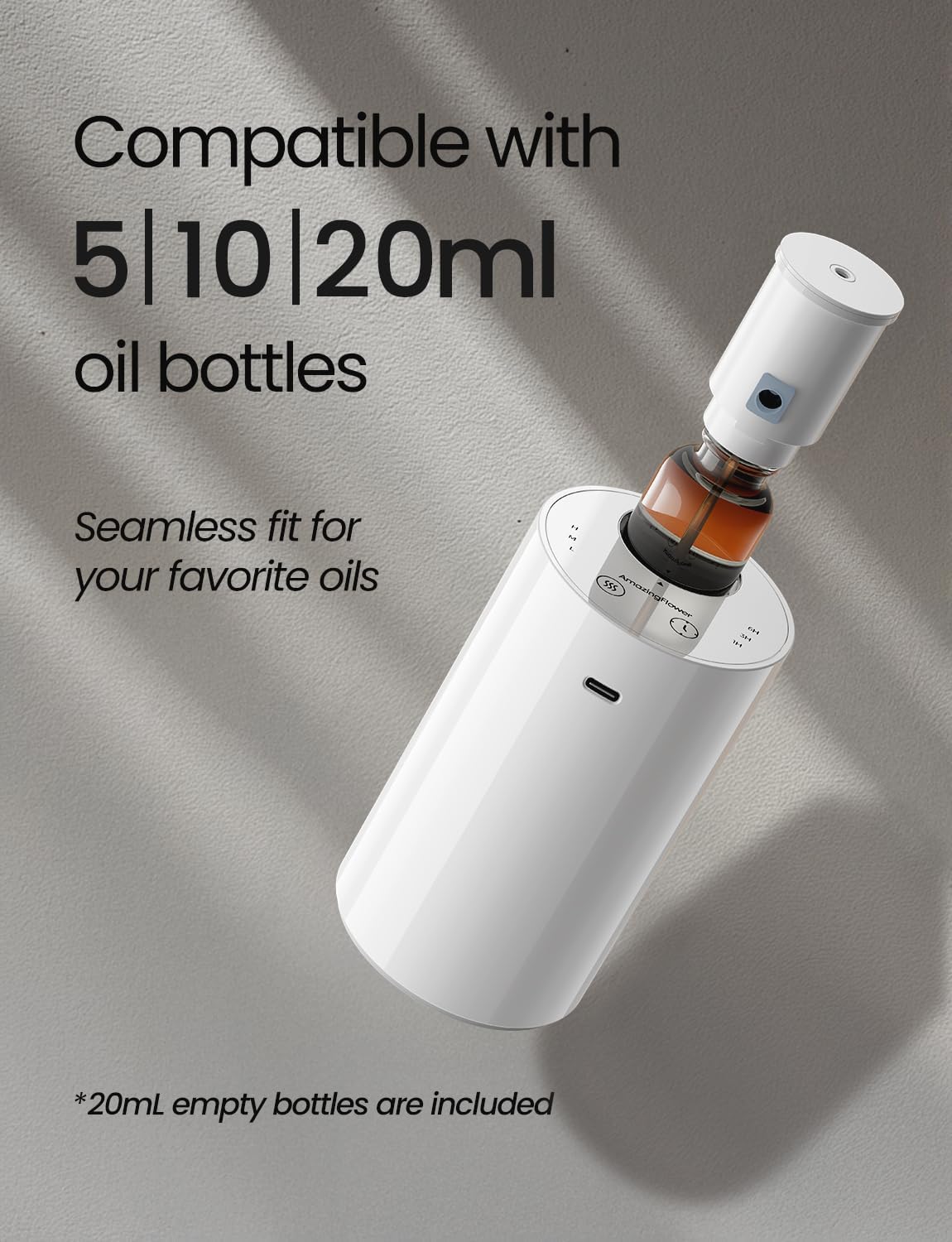 Waterless Essential Oil Diffuser, Portable Aromatherapy Diffuser with 20mL Capacity, Battery Operated Mini Scent Diffuser,3 Mist Levels & Timers, Leak-Free, for Home, Car, Office (White)