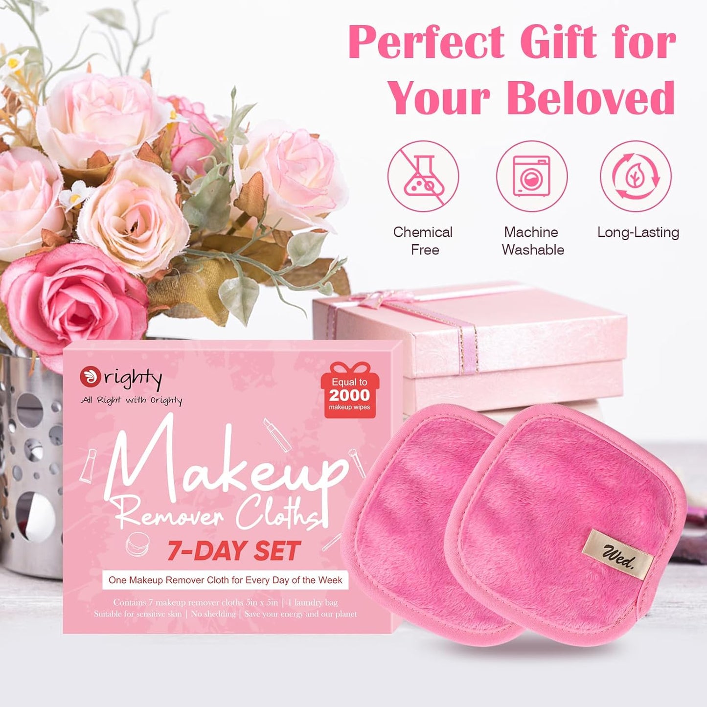 Orighty Makeup Remover Cloths 7-Day Set, Premium & Reusable Makeup Remover Pads, Erase Make-up With Just Water, Make-up Set For Eyes, Lips, Foundation and more, Ideal Choice For Women (Pink)