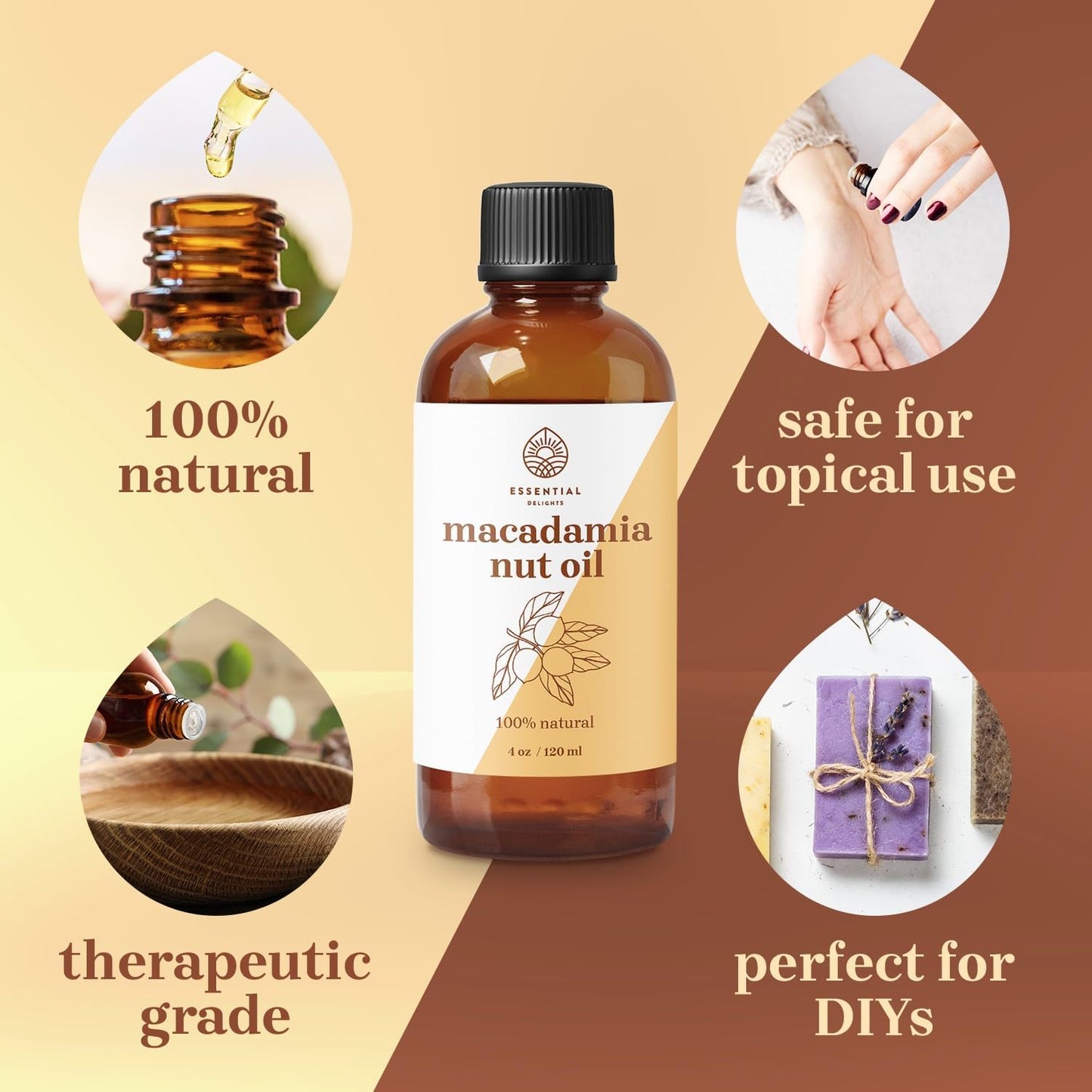 Macadamia Oil by Essential Delights - 100% Pure & Certified | Pure Grade Macadamia Oil for Diffuser, Aromatherapy, Candle-Making, Skin & Hair Care (4 Fl.Oz.)