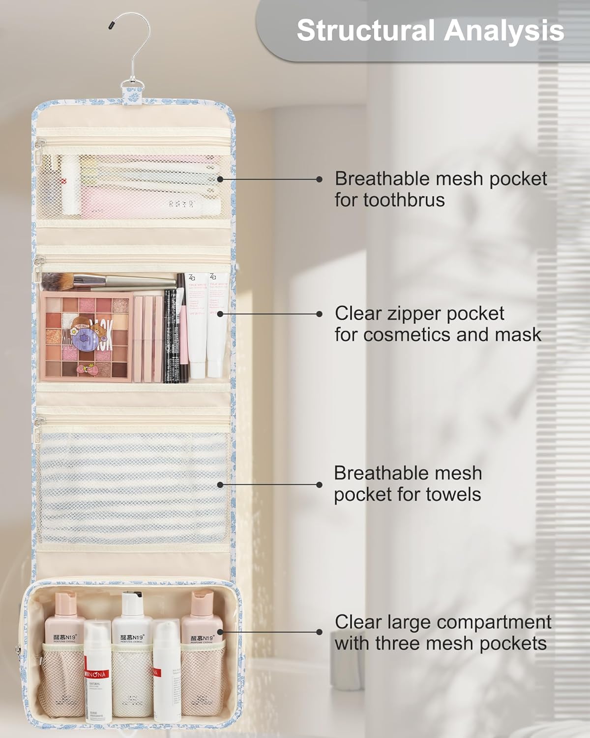 Hanging Toiletry Bag, Travel Toiletries Bag with Hanging Hook, Water Resistant Makeup Cosmetic Organizer for Full Sized Container, Shampoo, Portable Wash Bag for Travel Size Essentials - Blue Flower