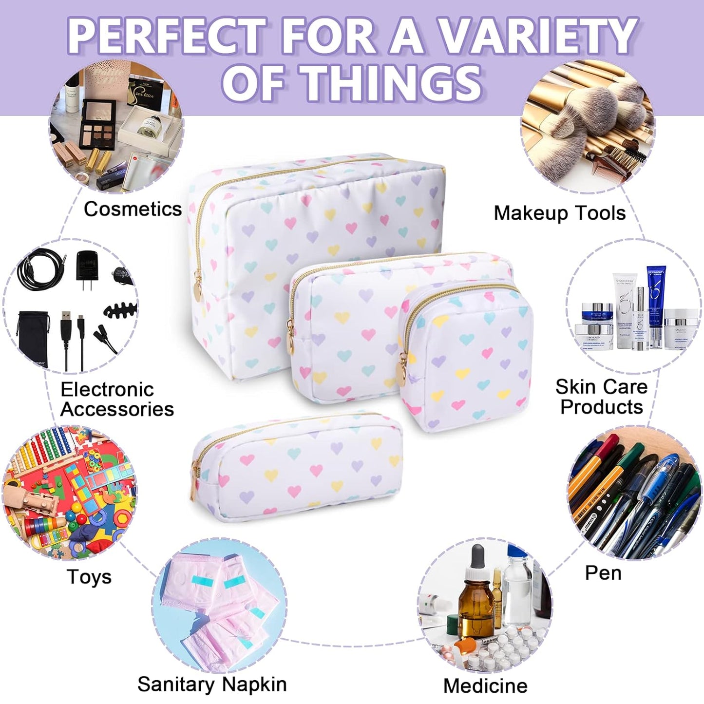 Small Makeup Bag Pouch for Purse,Nylon Travel Toiletry Storage Bag Cute Makeup Organizer Bag for Women Girls,Preppy Waterproof Cosmetic Bag Pouch Skincare Bag Purse with Zipper (Small-White Heart)