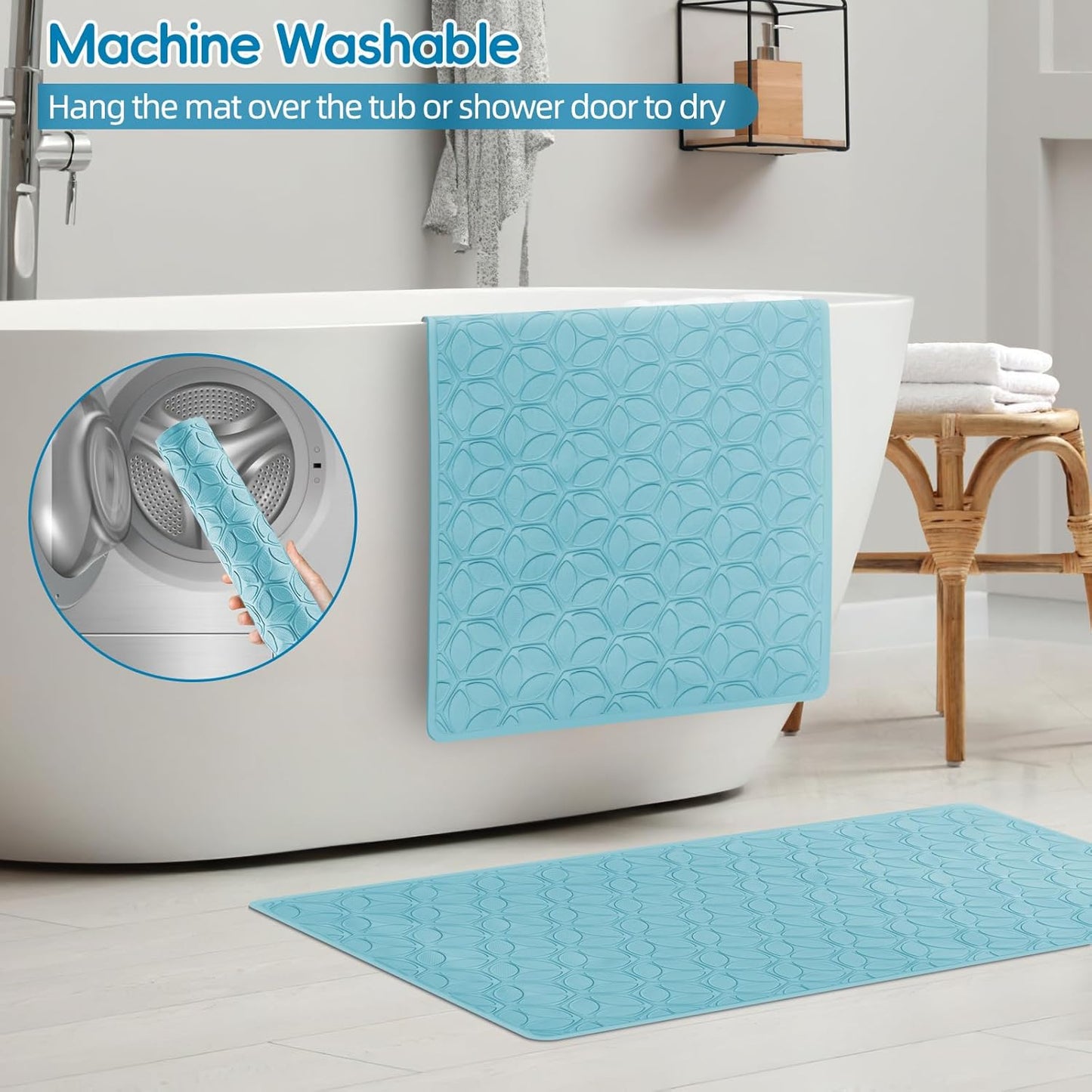 WRISIN Bathtub Mat Non Slip with Suction Cups - 100% Rubber Bathroom Mat Textured for Bath Tub Shower Safety - Soft on Touch - BPA/PVC Free - Pet Dog Bath Mat - Machine Washable - 16 × 28 Inch(Blue)