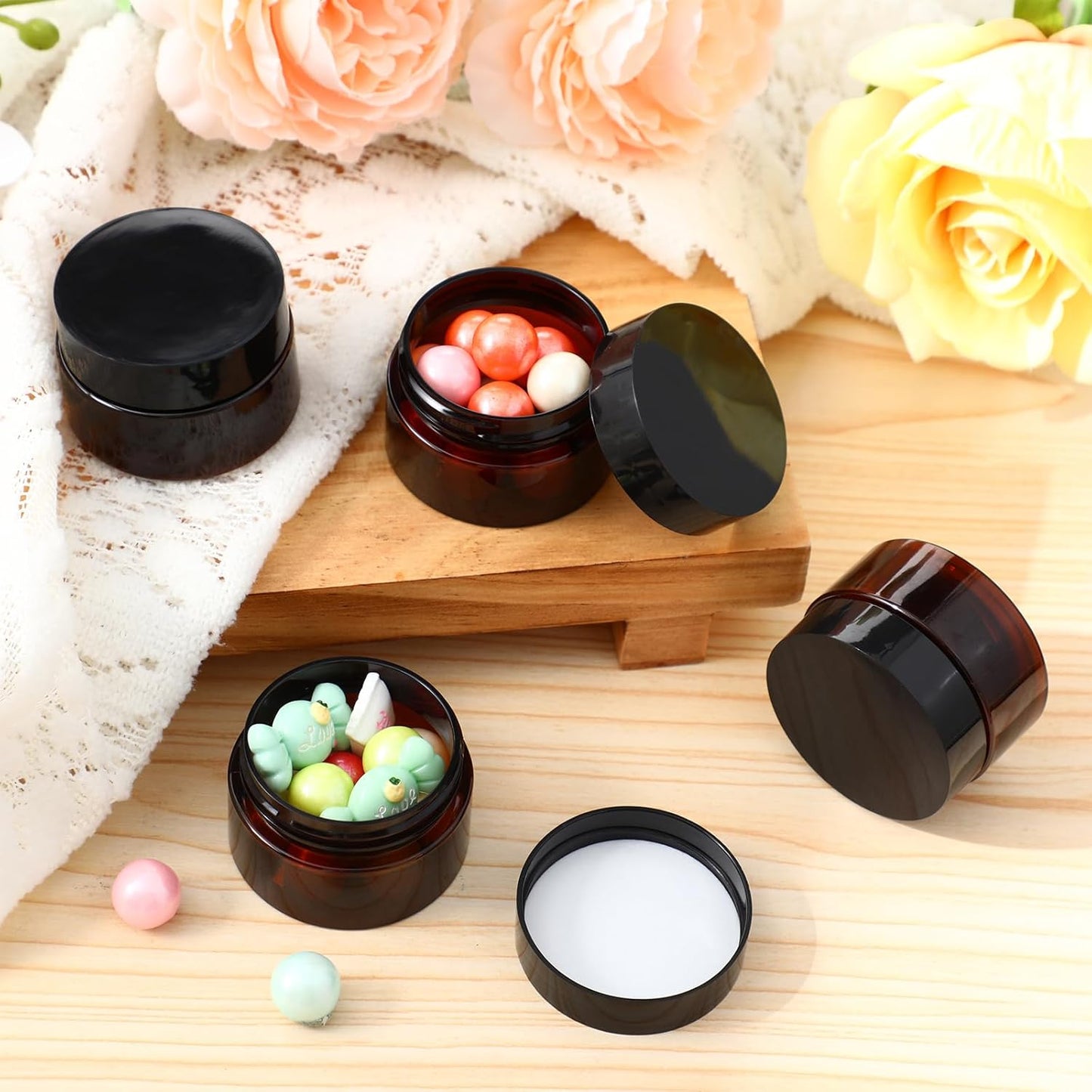 SATINIOR 12 Pack Plastic Container Jars with Lids Round Clear Travel Cosmetic Container Jars for Toiletries, Lotion, Cream, Ointments, Makeup, Rhinestone, Samples, Kitchen Storage(1 oz,Amber)