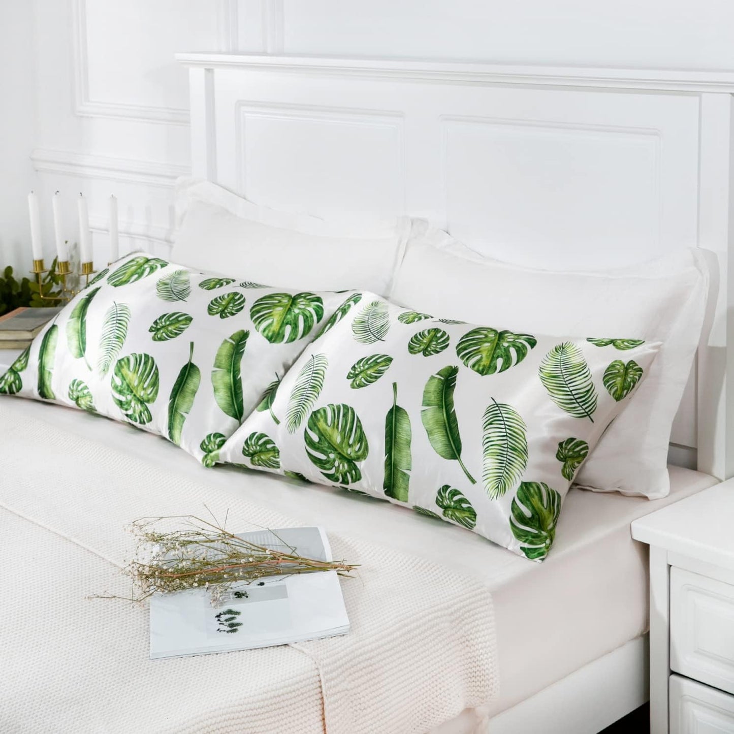 MR&HM Satin Pillowcase for Hair and Skin, Silk Satin Pillowcase 2 Pack, King Size Pillow Cases Set of 2, Silky Pillow Cover with Envelope Closure (20x40, Leaves)