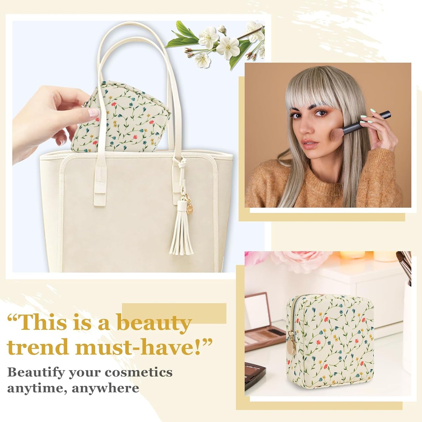 Nylon Mini Floral Makeup Bag for Purse, Small Cute Makeup Bag Preppy Cosmetic Zipper Pouch, Waterproof Travel Set Coin Pouch Sanitary Napkin Storage Bag Makeup Organizer for Women(Light Yellow-Flower)