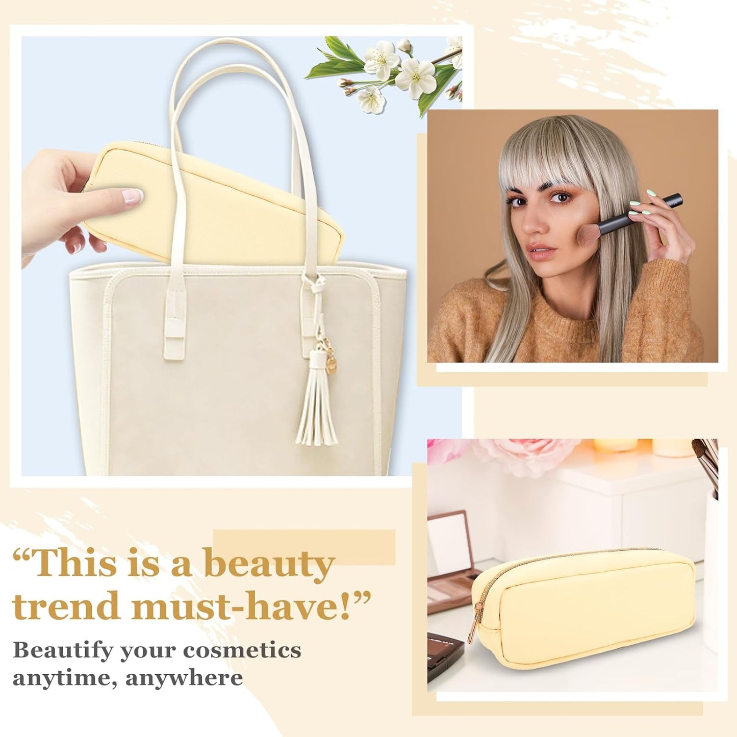 izuzta Nylon Small Makeup Bag Slim Pouch, Preppy Cute Makeup Brush Case Bag Cosmetic Zipper Pouch for Purse, Waterproof Travel Toiletry Bag Clutch Coin Pouch Makeup Organizer for Women Girls(Beige)