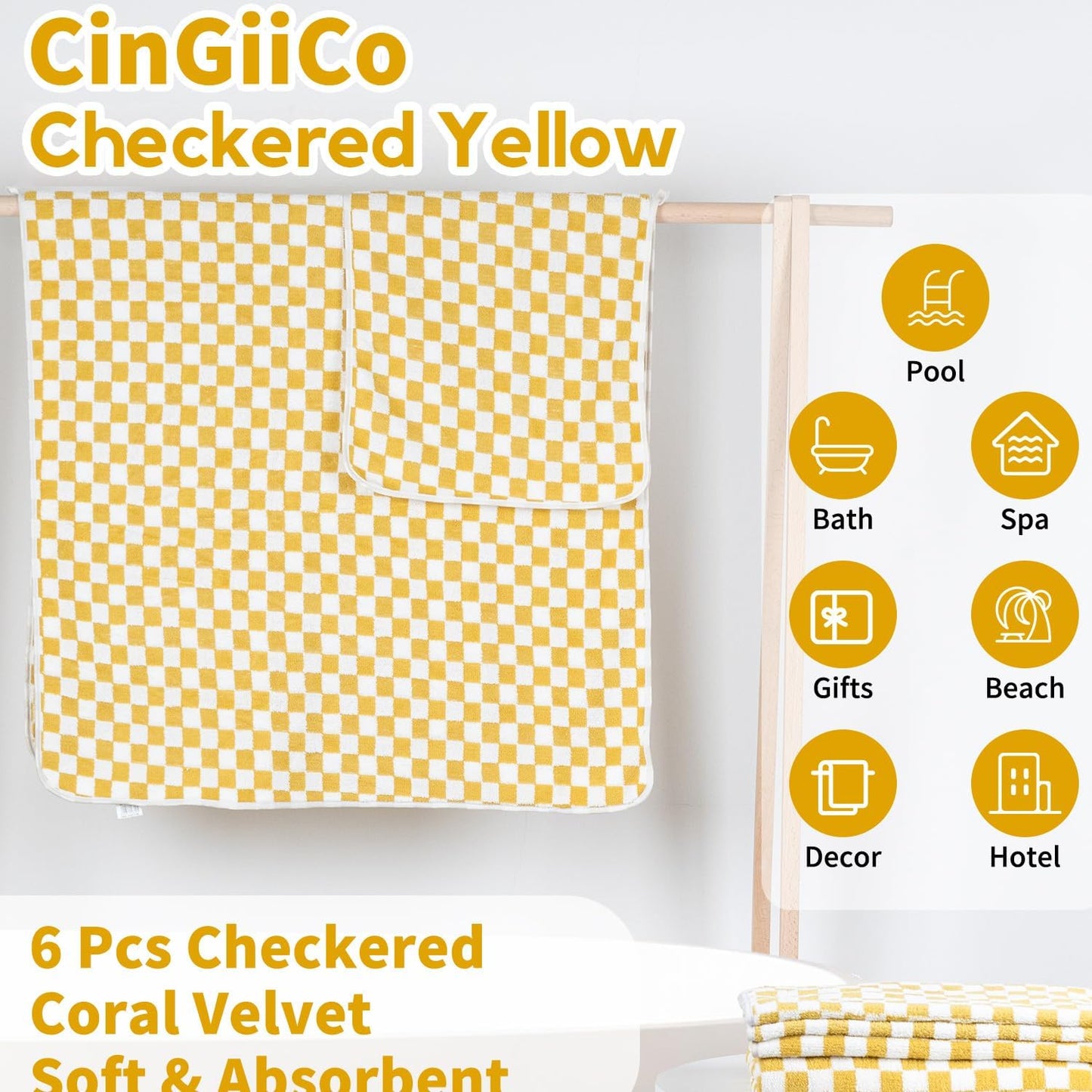 Checkered Bath Towels Set of 6 Large, Microfiber Shower Towels * 2 (55.12"*27.56"), Hand Towels * 4 (29.52"*13.77"),Towels for Bathroom、Pool、Hotel, Spa, Soft Absorbent Quick-Dry(Yellow