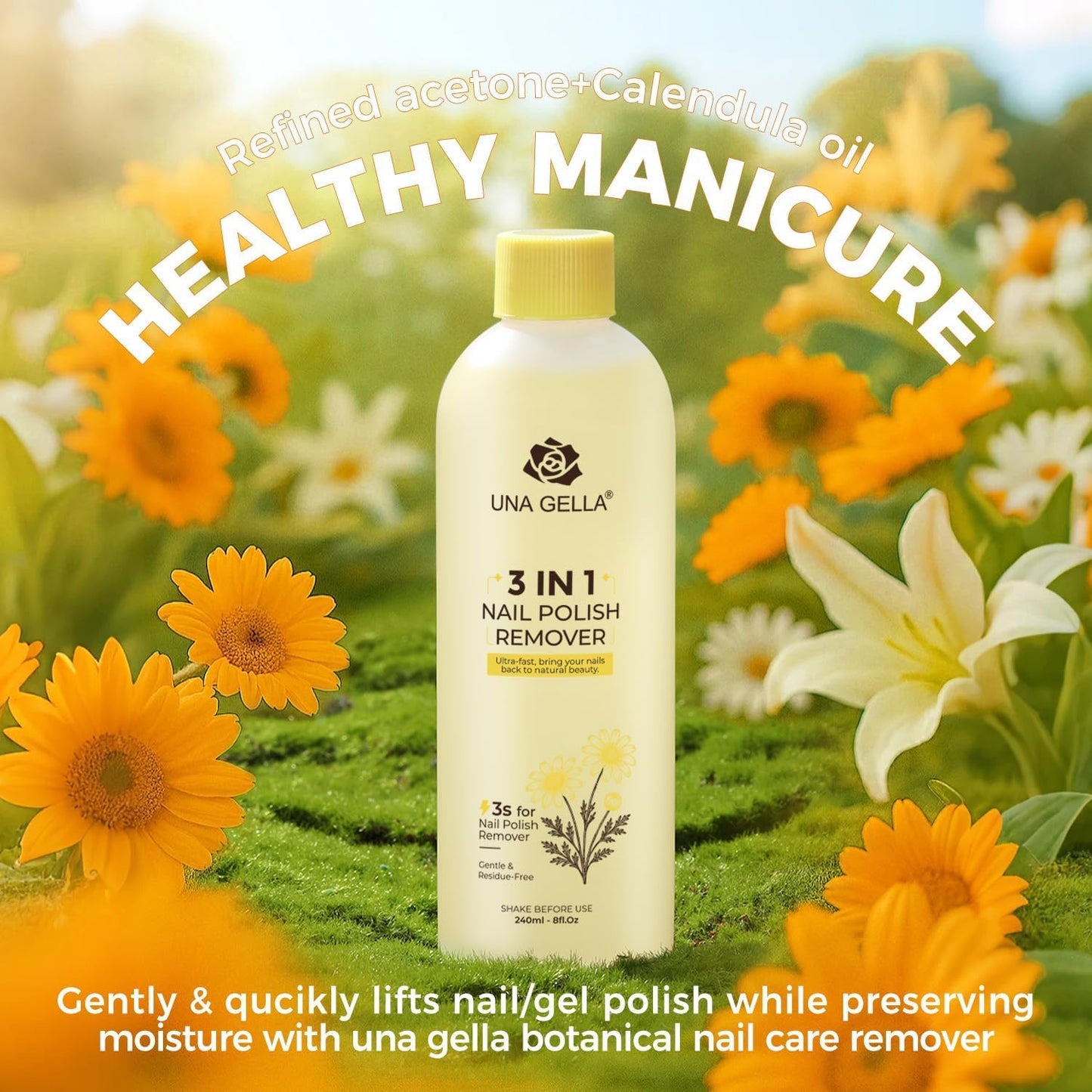 UNA GELLA Acetone Nail Polish Remover, Soak Off Gel Nail Polish Remover With Easy Use Cap, Healthy Formula Works For Acrylic Nail Glue 8 Fl Oz, Calendula Scent