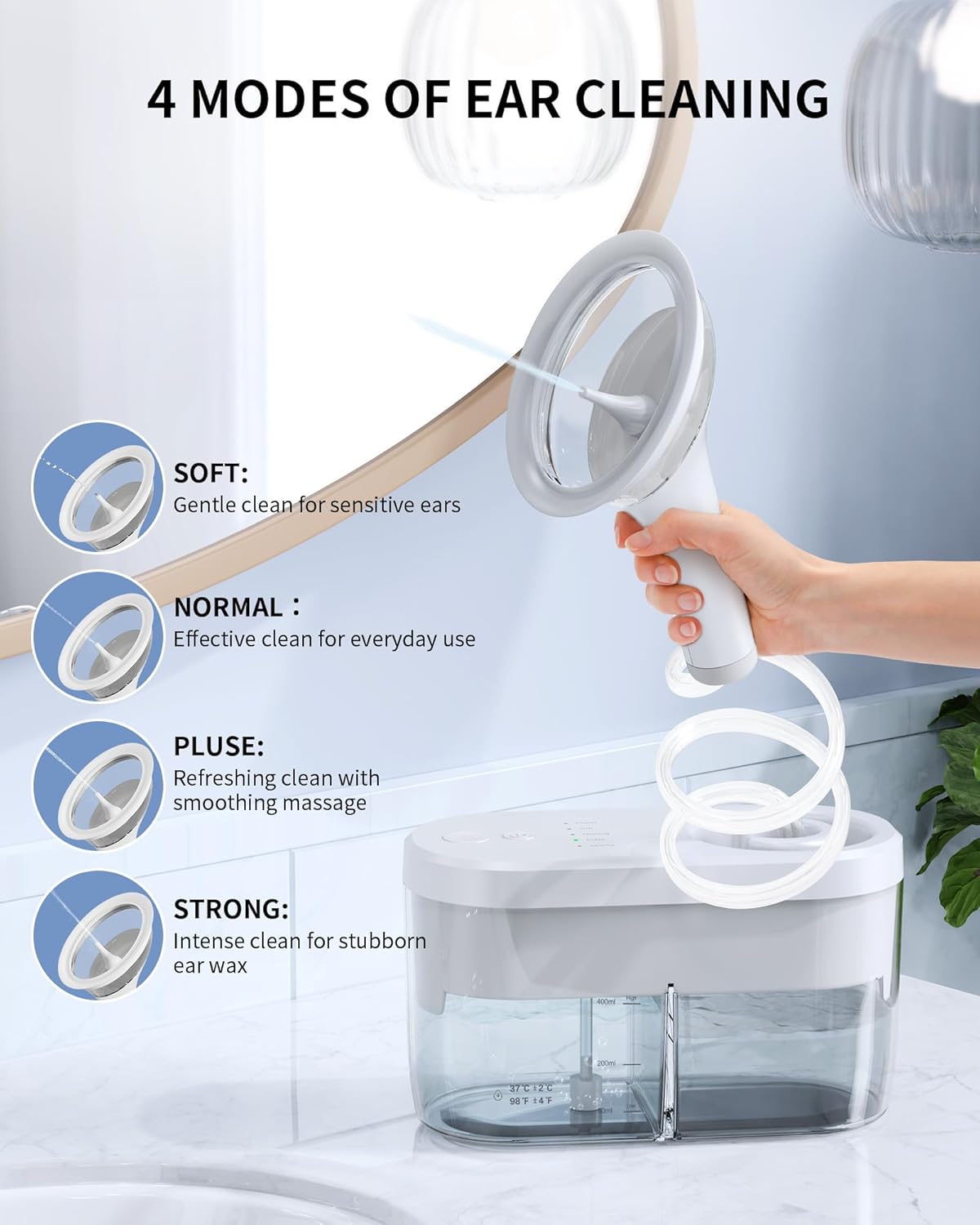 Electric Ear Wax Removal Kit - Water Powered Ear Irrigation System with Sewage Collection, 4 Clean Modes, Safe & Effective, 3 Ear Tips for Adults