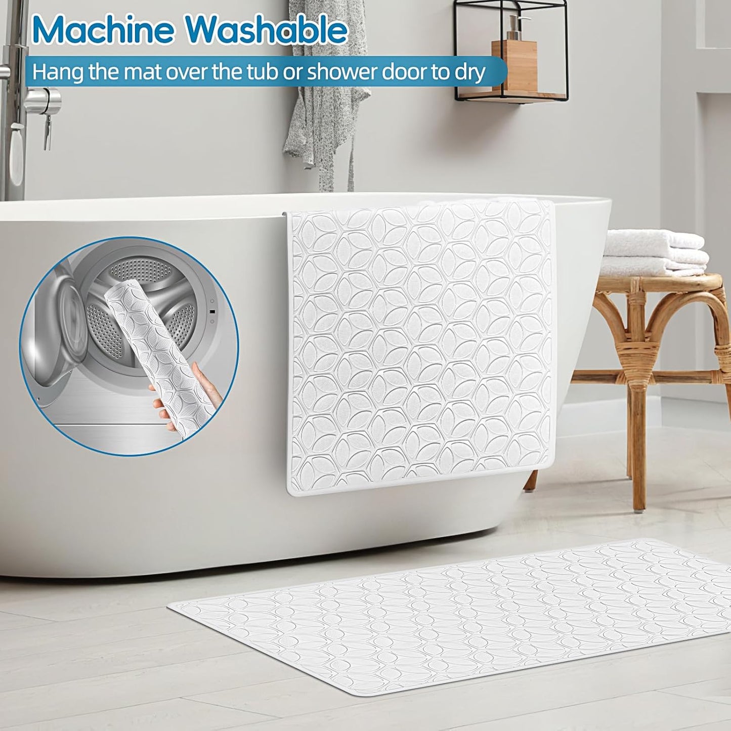 WRISIN Bathtub Mat Non Slip with Suction Cups - 100% Rubber Bathroom Mat Textured for Bath Tub Shower Safety - Soft on Touch - BPA/PVC Free - Pet Dog Bath Mat - Machine Washable - 17 × 35 Inch(White)