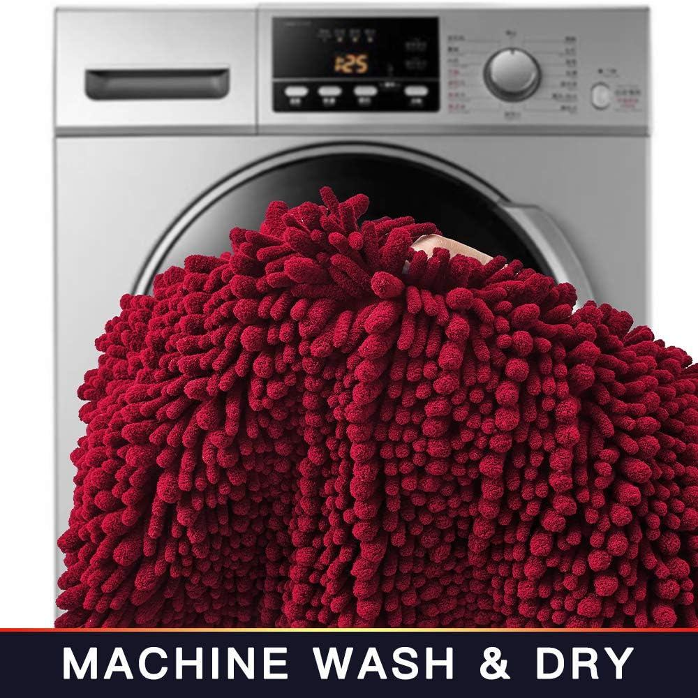 Walensee Bathroom Rug Non Slip Bath Mat (24x17 Inch Red) Water Absorbent Super Soft Shaggy Chenille Machine Washable Dry Extra Thick Perfect Absorbant Best Small Plush Carpet for Shower Floor