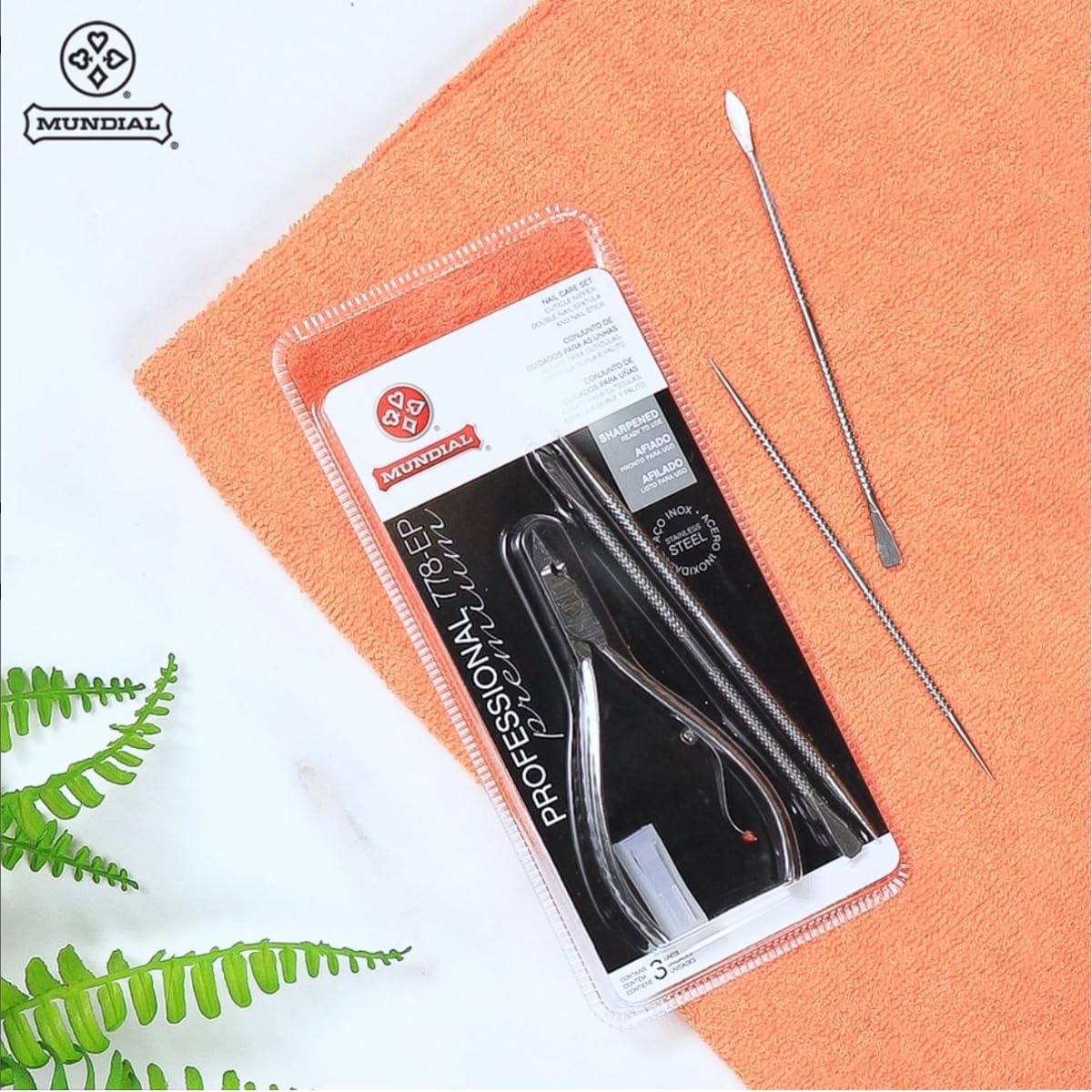 Mundial Nail Care 3 Piece Set - Professional Stainless Steel Cuticle Nippers with Double Nail Spatula and Pusher, Manicure, and Pedicure Trimmer Kit