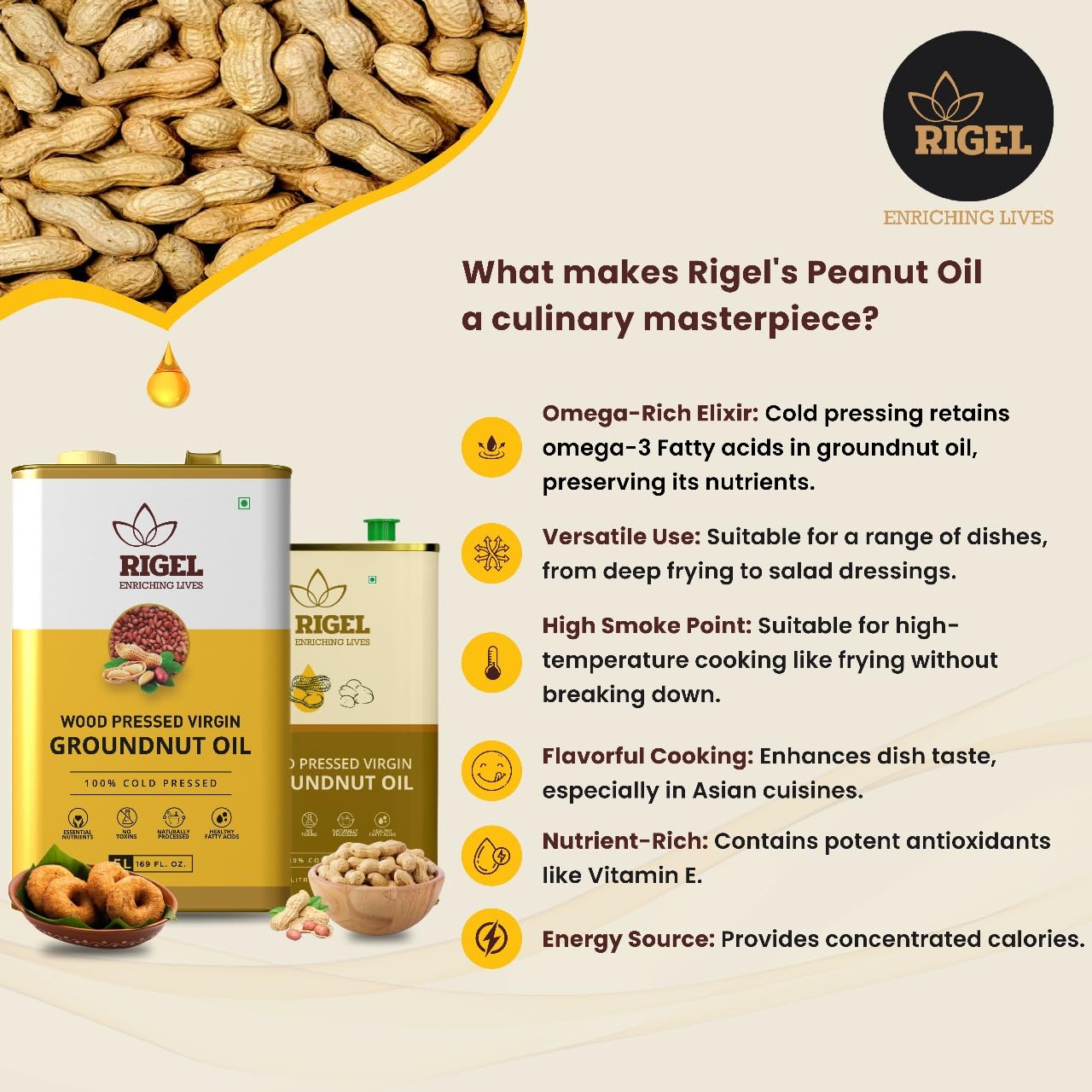 Rigel Spices | Naturally Milled Cold Pressed Peanut Oil 33.8 fl oz(1 L) | No Preservatives