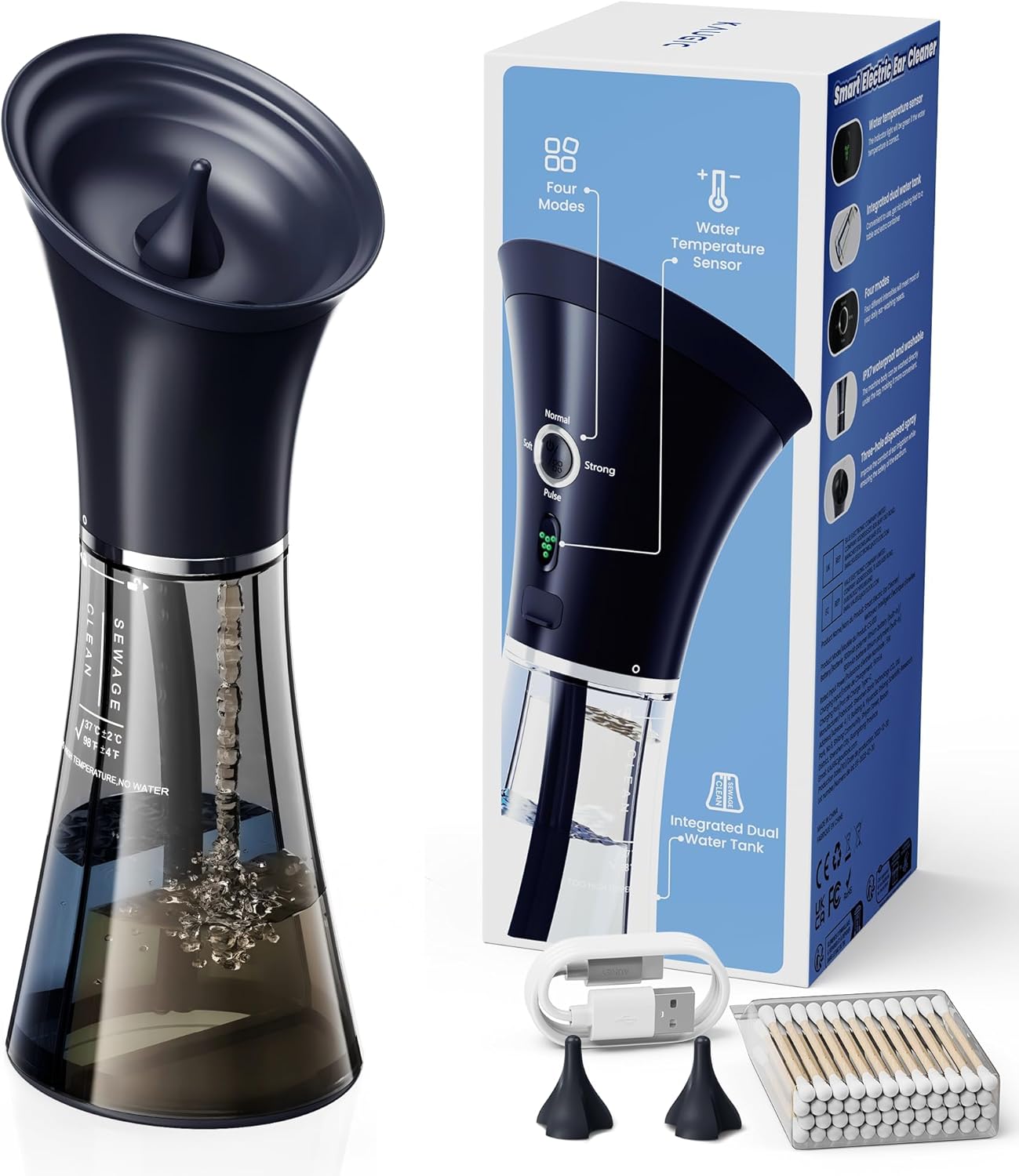 Upgraded Ear Wax Removal with One-Piece Waste Tank, Safe Ear Cleaner with Water Temperature Sensor, Effective Ear Irrigation Kit, IPX7, Semi-Transparent