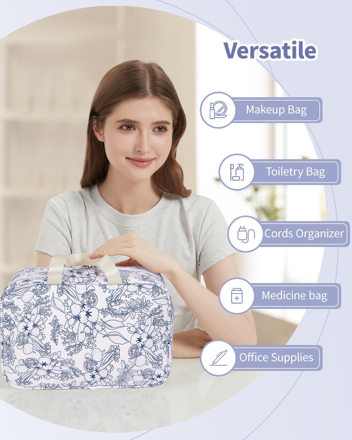 Full Size Toiletry Bag Women Large Cosmetic Bag Travel Makeup Bag Organizer Medicine Bag for Toiletries Essentials Accessories (Navy Blue Flower, Large)