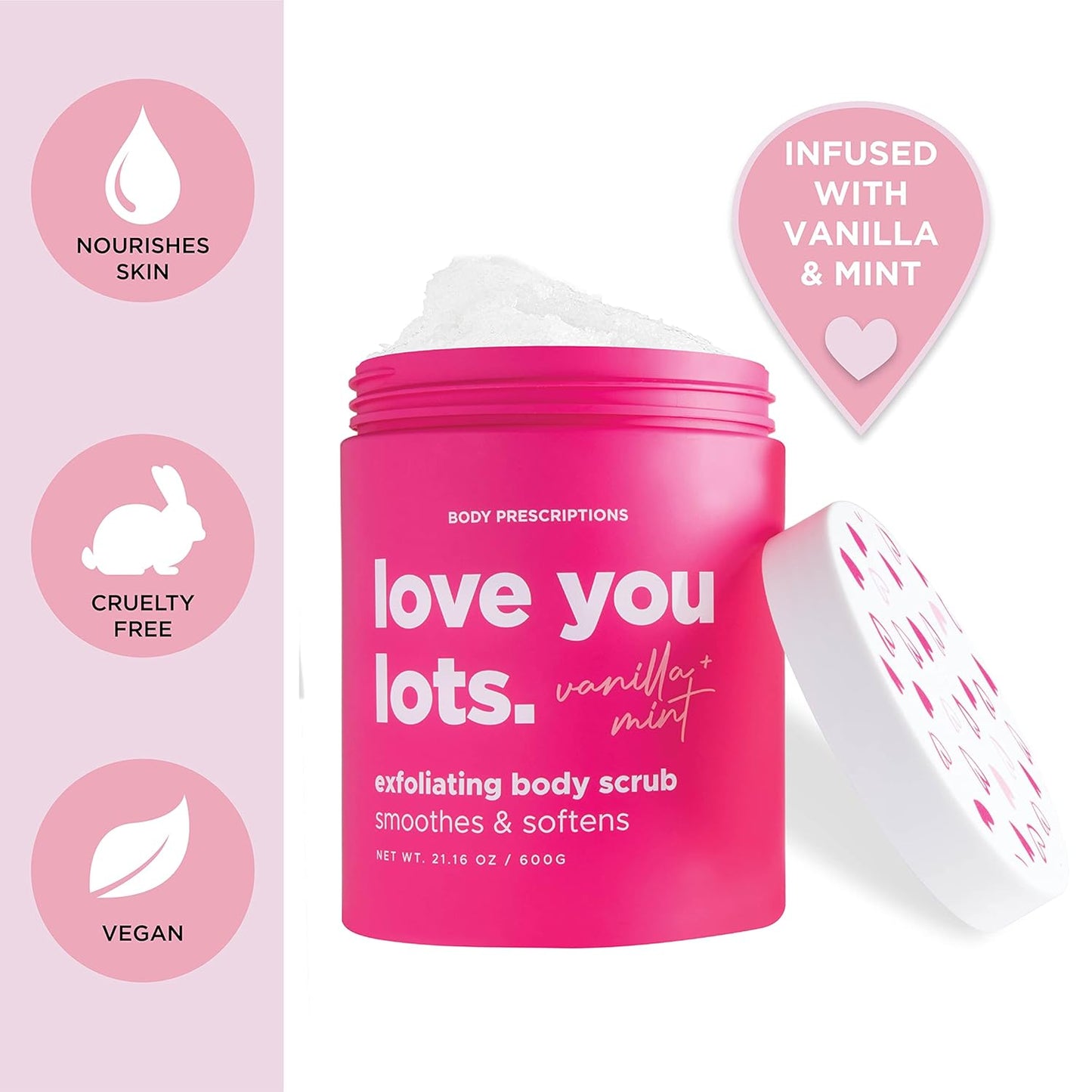 Body Prescriptions Exfoliating Body Scrub – Body Cleanser for Nourished, Ultra-Smooth Skin, Vanilla and Mint (Love You Lots)