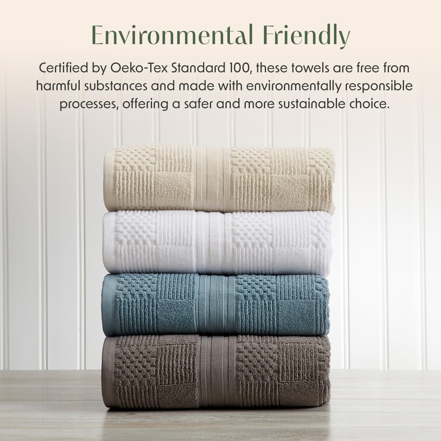 Springtree Home 100% Cotton Bath Towel Set of 4 | Beige Towels | Geometric Textured Design | Absorbent & Quick-Dry | 4 Bath Towels | Oeko-TEX® Standard 100 Cotton | Myla Collection - Sandshell