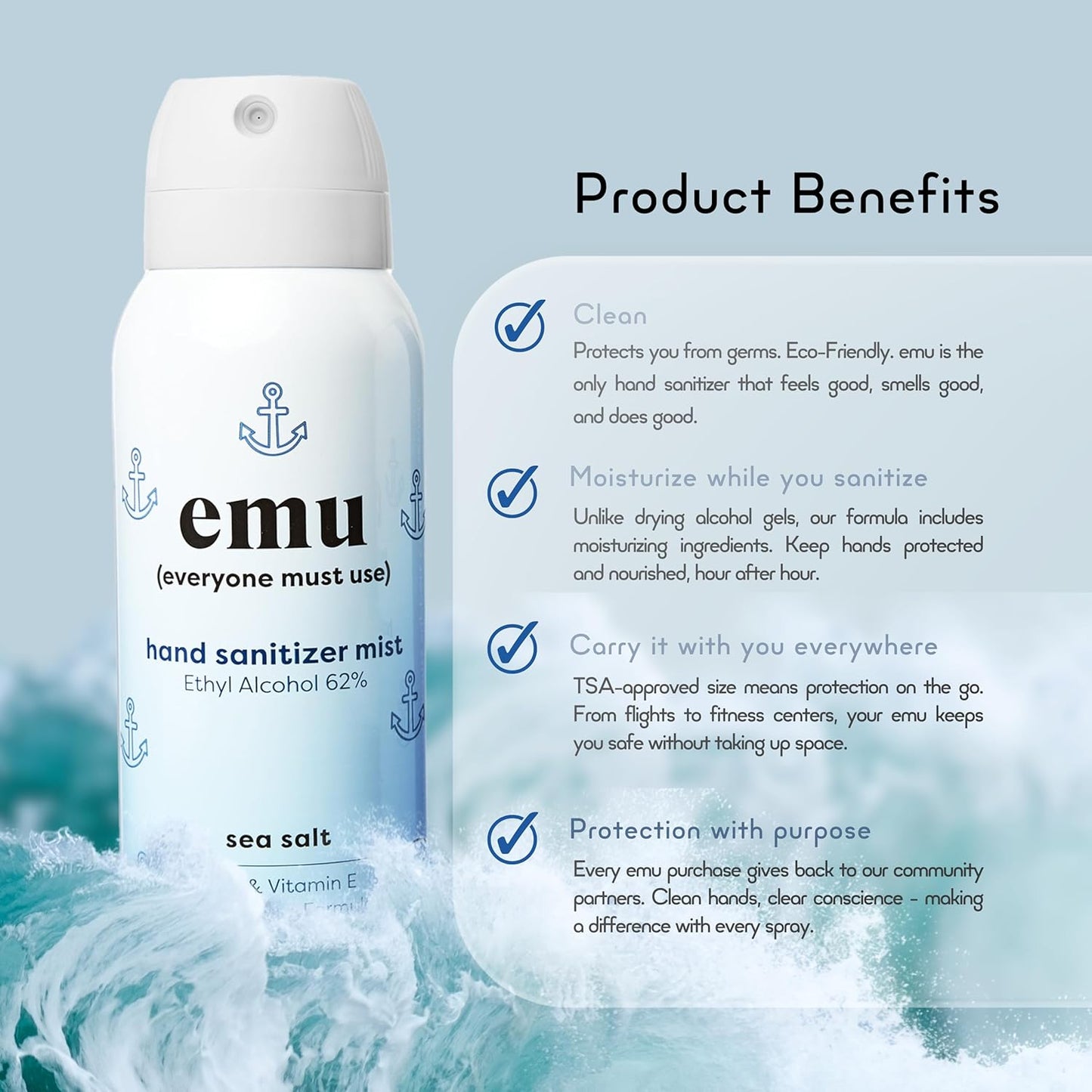 EMU (EVERYONE MUST USE) Hand Sanitizer pocket spray, Travel size 2.2oz. Cleanses Your Hands, Hydrating. Hand soap bulk. 24-hour disinfectant sanitizing. Made in USA (Pack3_Sea_Salt)