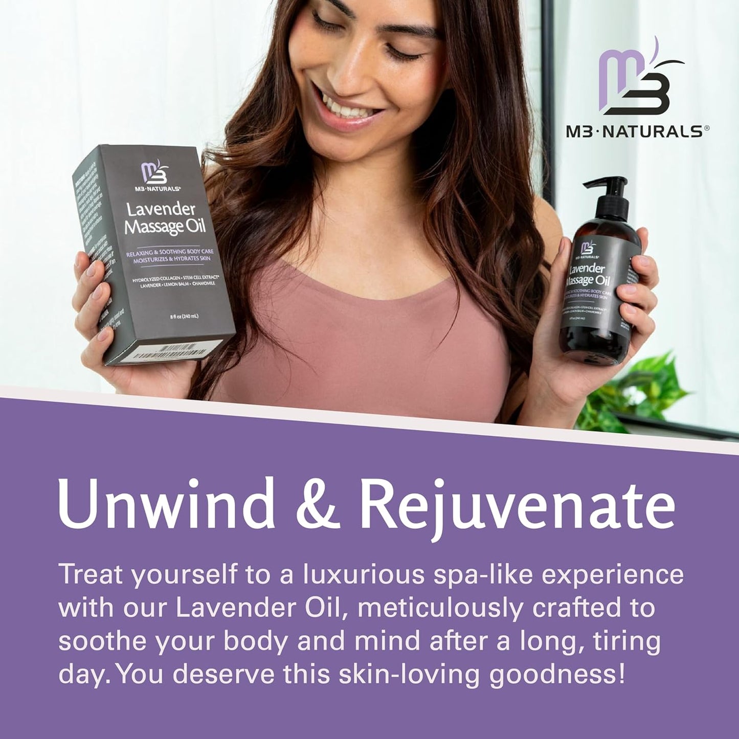 Lavender Sensual Massage Oil with Collagen and Stem Cells, Skin Tightening Therapy for Bum, Thighs, and Belly, Fast-Absorbing Cellulite Oil, 8 fl oz by M3 Naturals