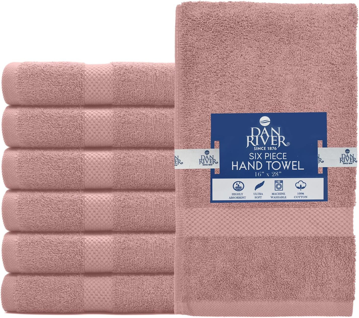 DAN RIVER 6-Pack Premium Hand Towels (16x28 Inches) - 100% Cotton, Ultra Soft, Lightweight, Highly Absorbent Towels for Bathroom, Spa, Gym, Salon, Hotel, and Travel - 550 GSM โ Dusty Pink