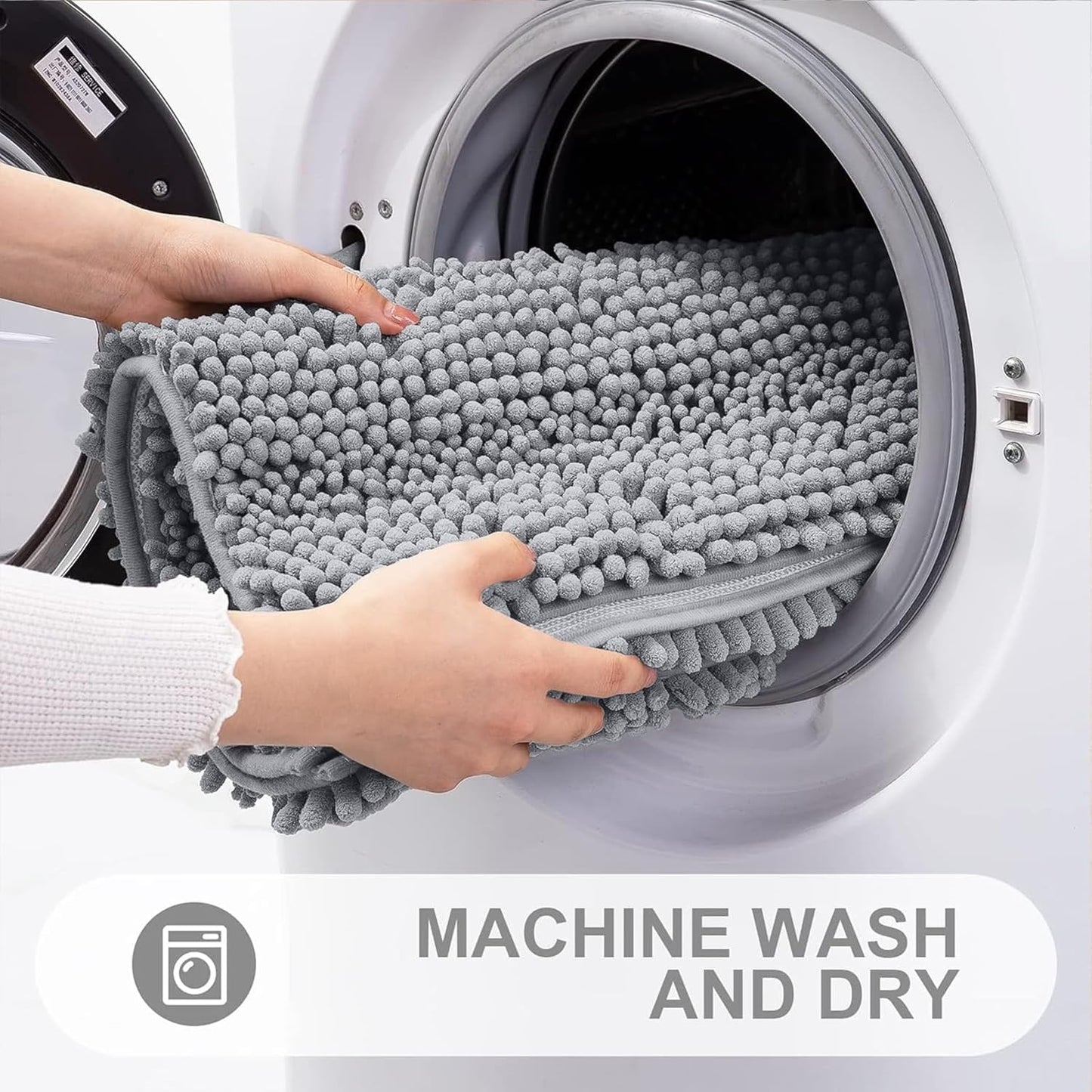 Grandaily Chenille Striped Bathroom Rugs 47x17, Extra Thick and Absorbent Bath Mats, Non-Slip Soft Plush Shaggy Shower Carpet, Machine Wash Dry, Bath Rug for Bathroom, Light Grey