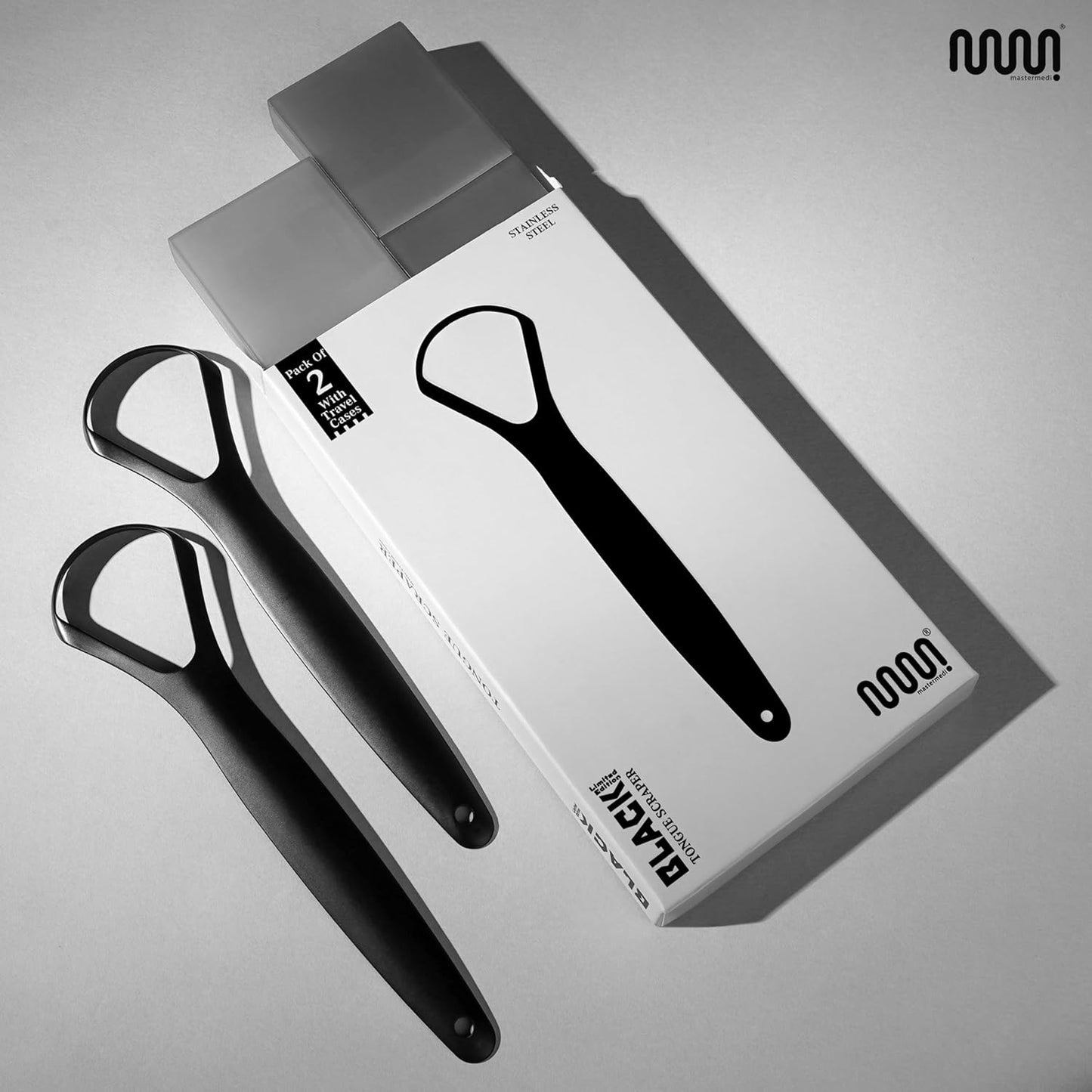 MasterMedi Black Tongue Scraper with Cases (Spoon Shape, 2 Pack), Tongue Scrubber for Bad Breath Treatment, Easy to Use Tongue Scraper for Adults, Tongue Cleaner for Oral Care