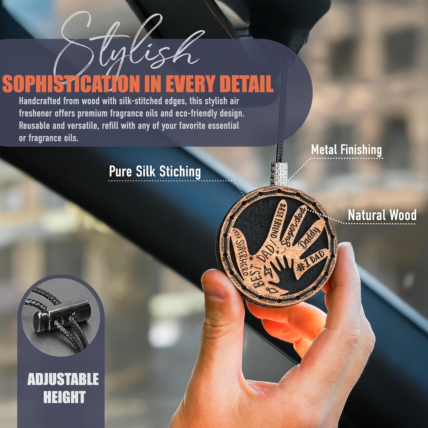 Wood Car Air Freshener - Father’s Hands Design - Handmade Unscented DIY Essential Oil Hanging Diffuser with Felt Insert - Add Your Own Oils - Refillable - Car/Truck/SUV - Cardboard Box