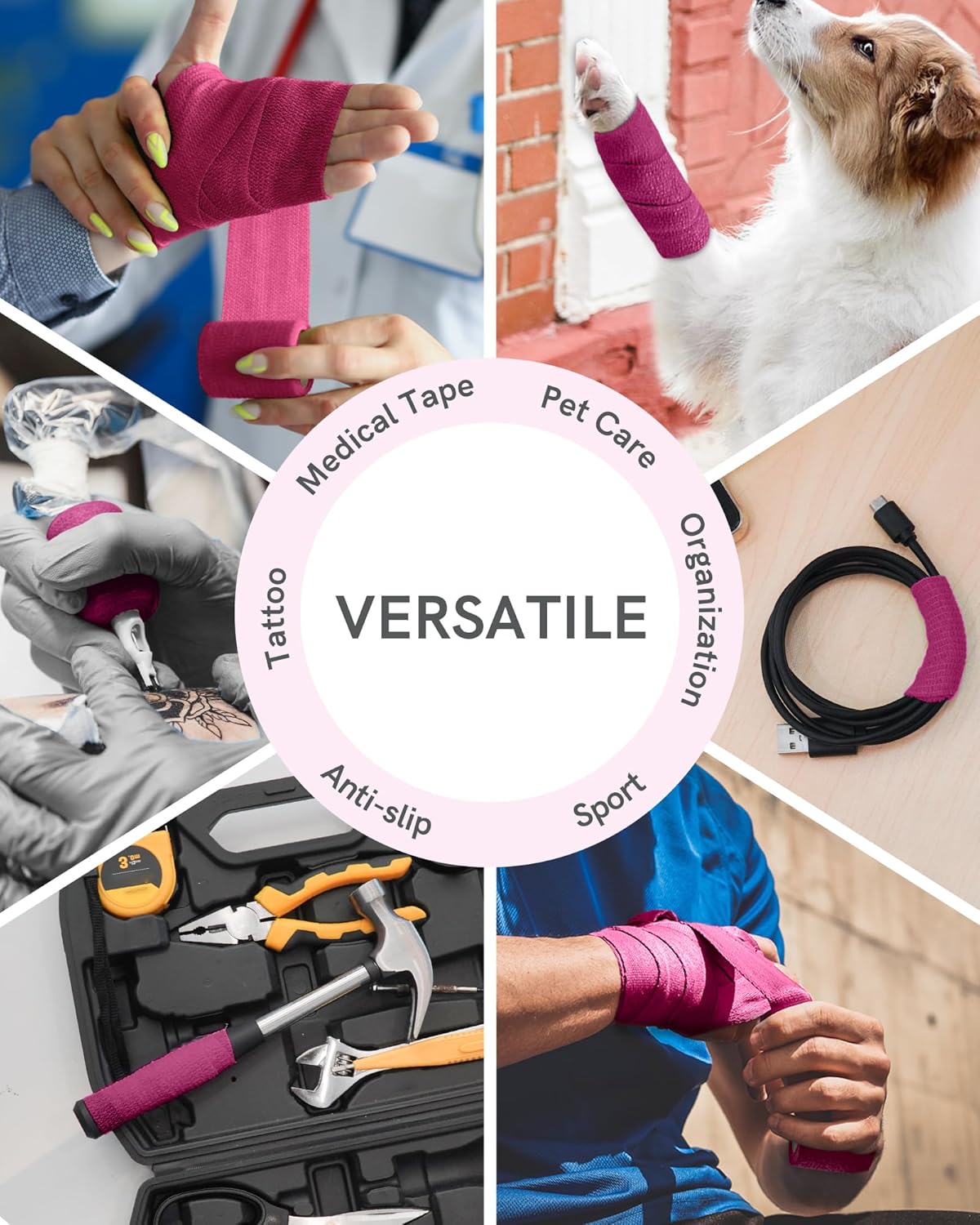 FriCARE Self Adhesive Bandage Wrap, Medical Tape in First Aid Kit, Cohesive Bandages for Wounds Sport Vet, 2 Inches X 5 Yards 6 Rolls, Magenta