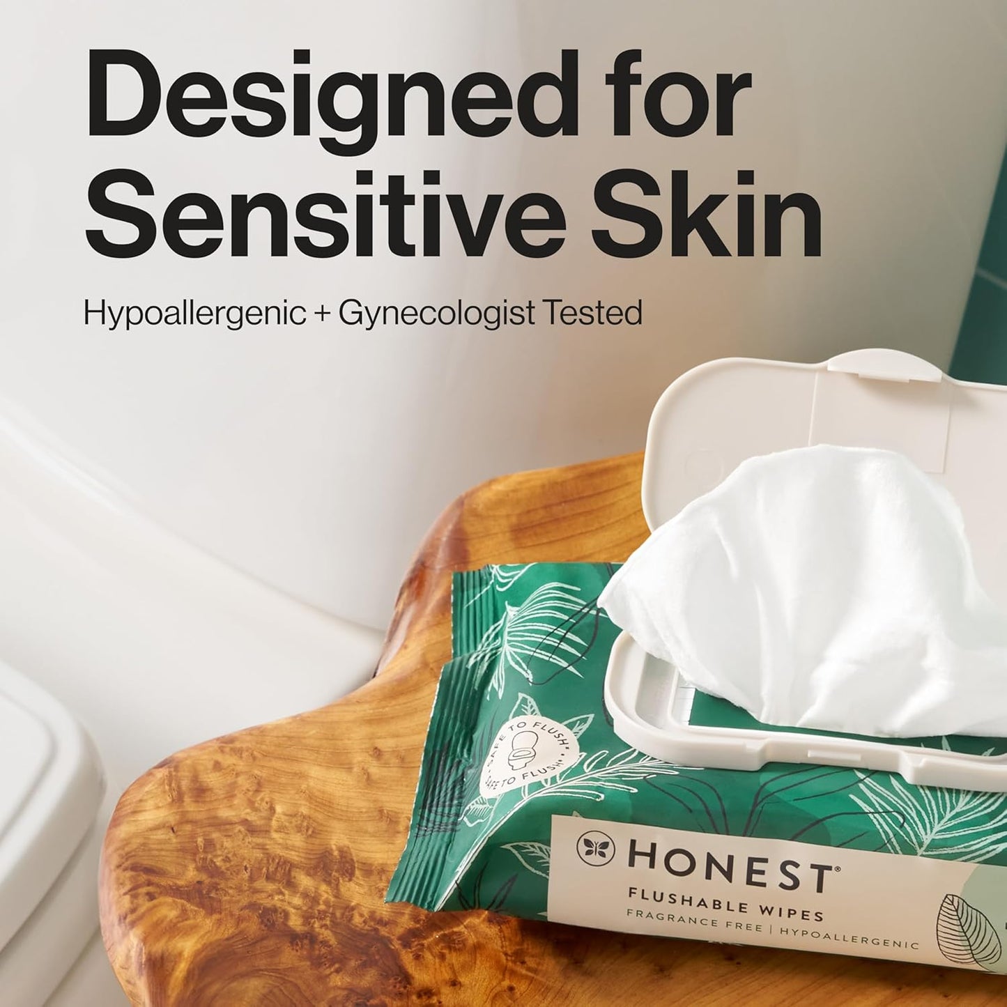 The Honest Company Flushable Wipes for Sensitive Skin | Fragrance Free, Hypoallergenic, 99% Water, Safe to Flush | pH Balanced Feminine Wipes | Tropical Leaves, 336 Count