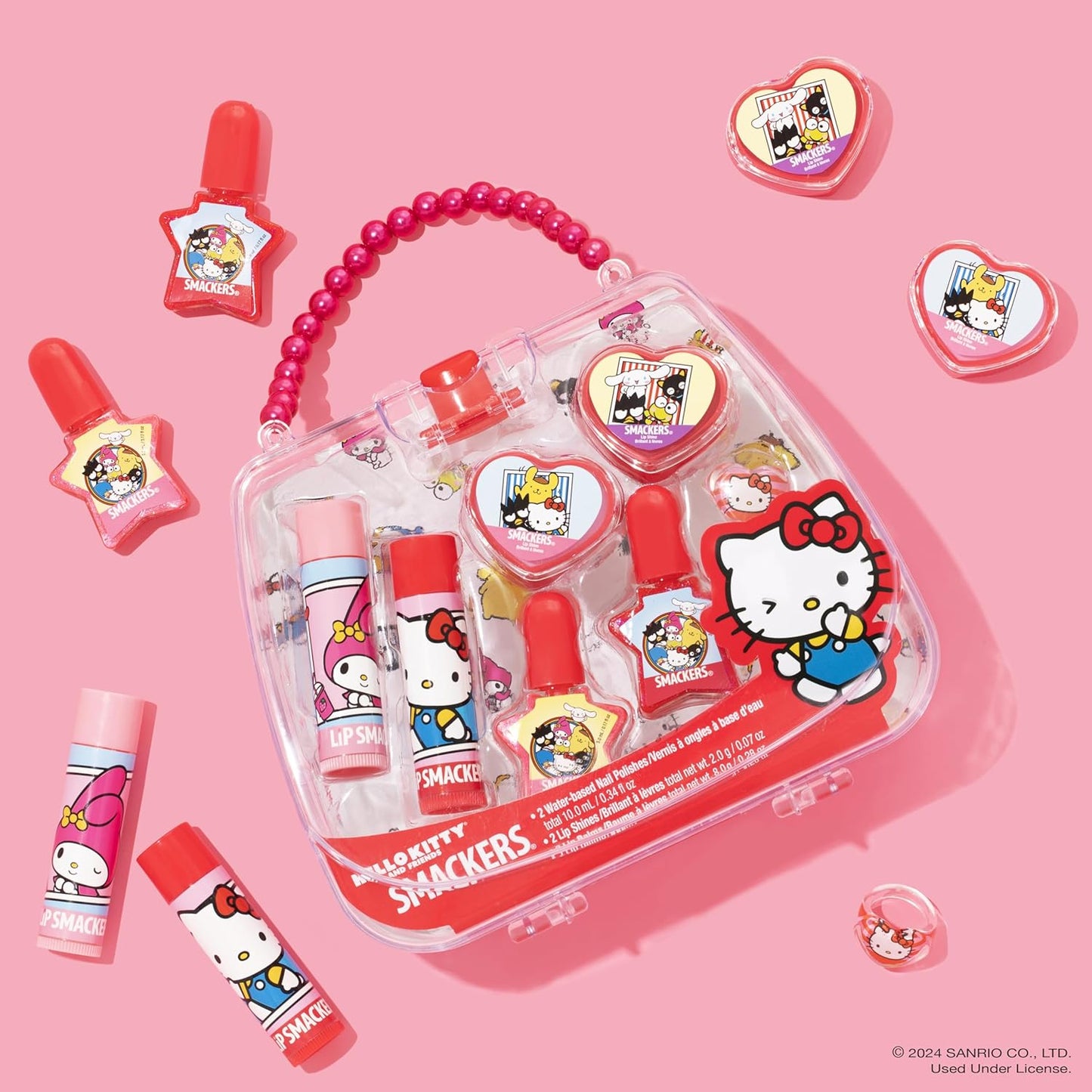 Lip Smacker Hello Kitty Nail Polish & Flavored Lip Balm Makeup Tote - Moisturizing Balms, Colorful Nail Polishes, Sanrio Accessory Ring, Stylish Tote Bag, Perfect Glam Gift for Hello Kitty Lovers