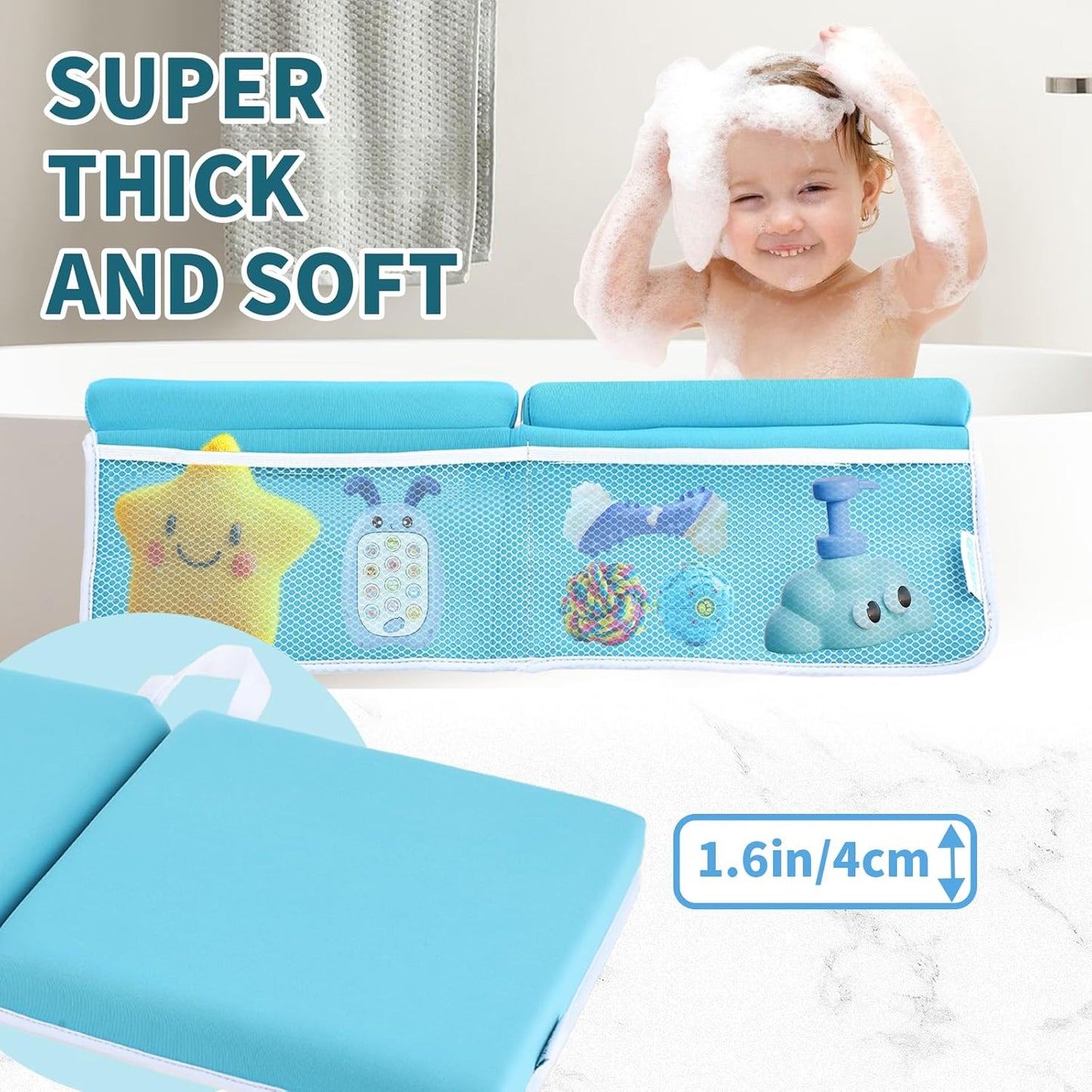 Bath Kneeler and Elbow Rest Pad, Thick Quick Dry Kneeling Mat, Large Bathtub Pad with Toy Organizer for Baby Bathing (Blue)