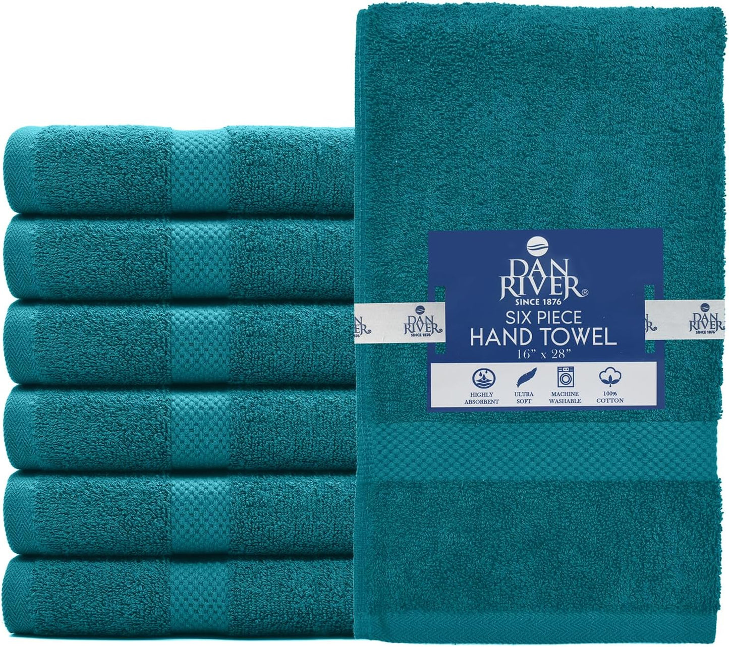 DAN RIVER 6-Pack Premium Hand Towels (16x28 Inches) - 100% Cotton, Ultra Soft, Lightweight, Highly Absorbent Towels for Bathroom, Spa, Gym, Salon, Hotel, and Travel - 550 GSM - Teal
