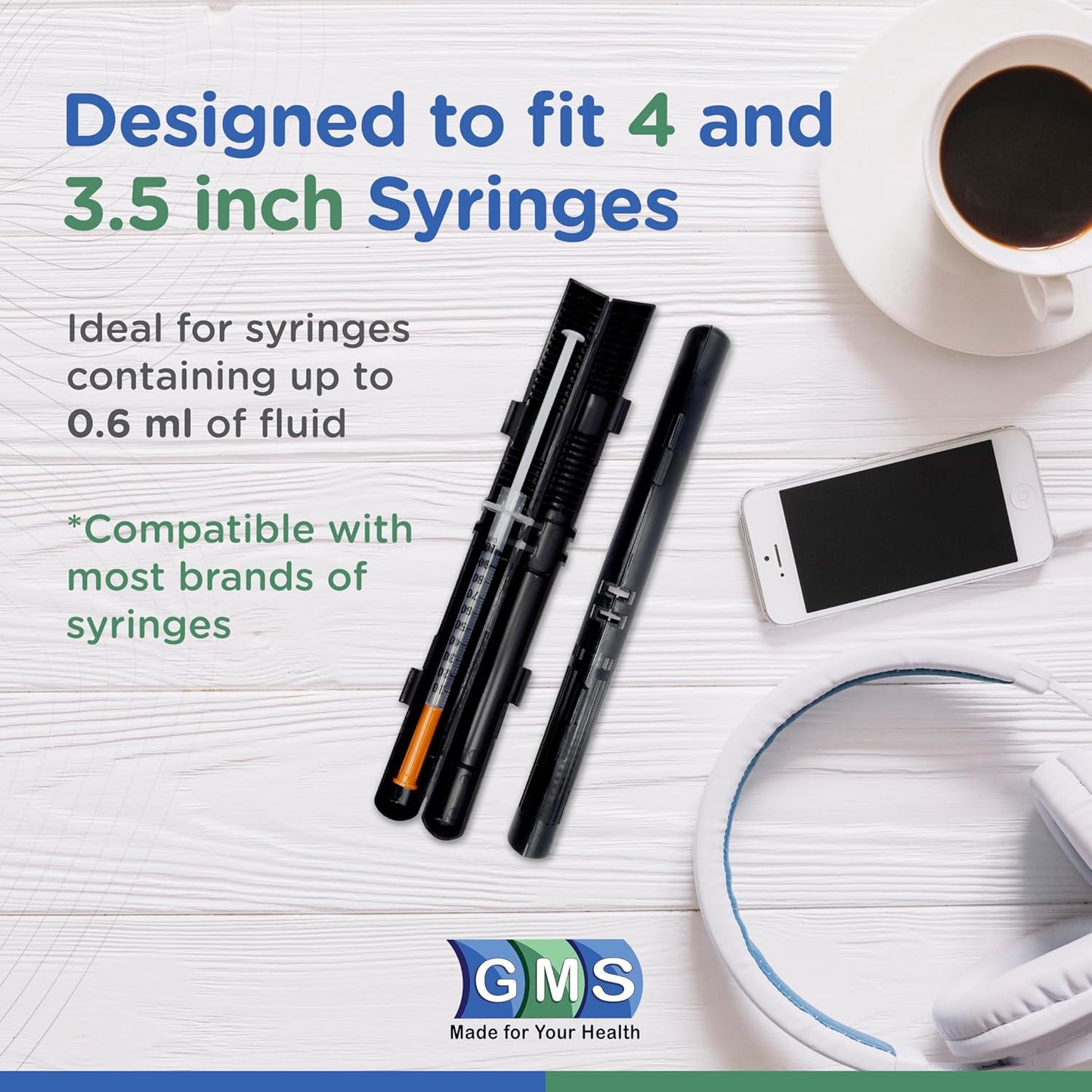 GMS 60 Unit Syringe Case - Holds New, Prefilled & Used Syringes with Needles - Small & Discreet - Ideal for Travel - Sharps Container - 2 Pack - Clear