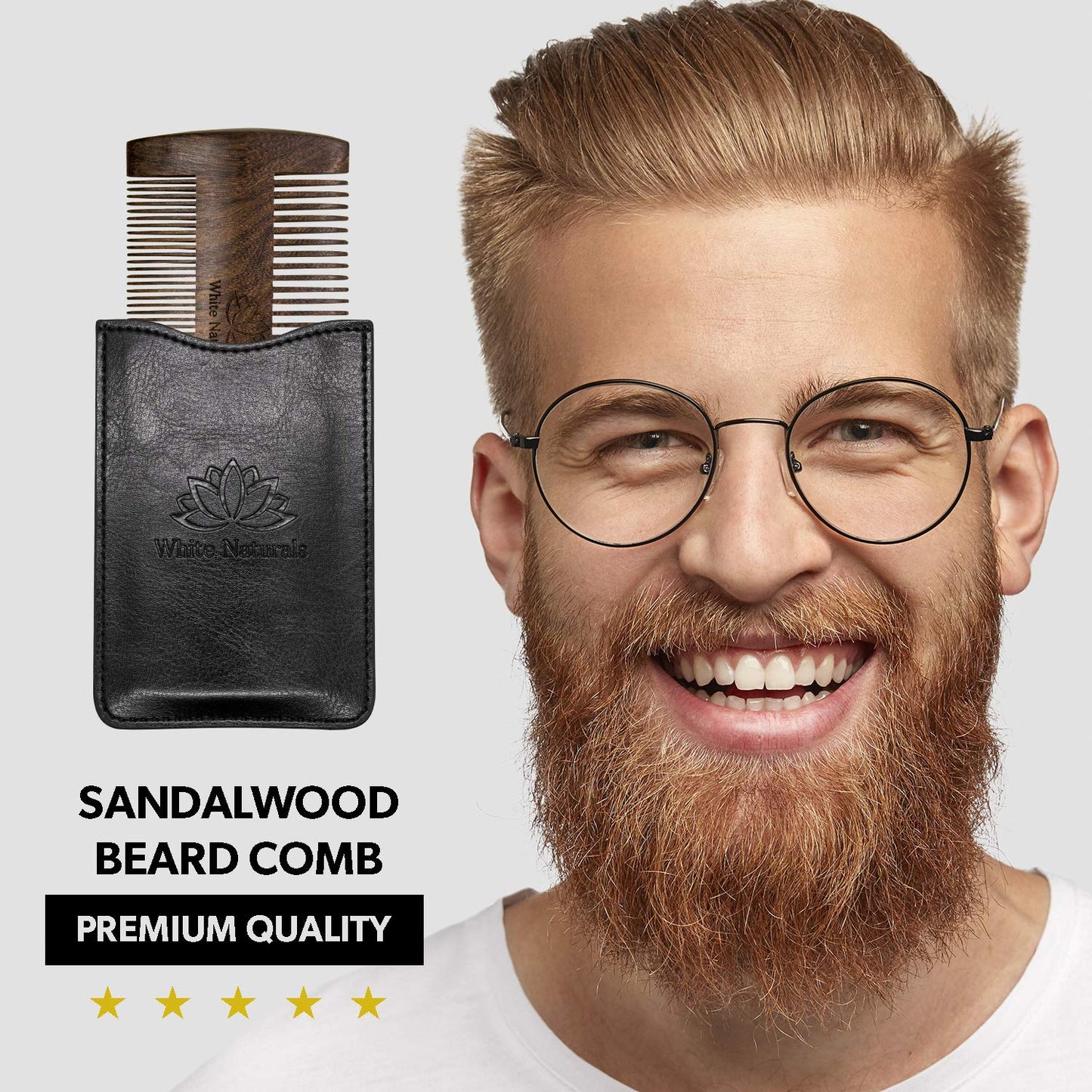 White Naturals Beard Comb for Men, Wooden Natural Sandalwood, Fine Dual Action Teeth, Handmade Premium Sandal Wood, Perfect for Balms and Oils, Includes PU Leather Case, Pocket Size
