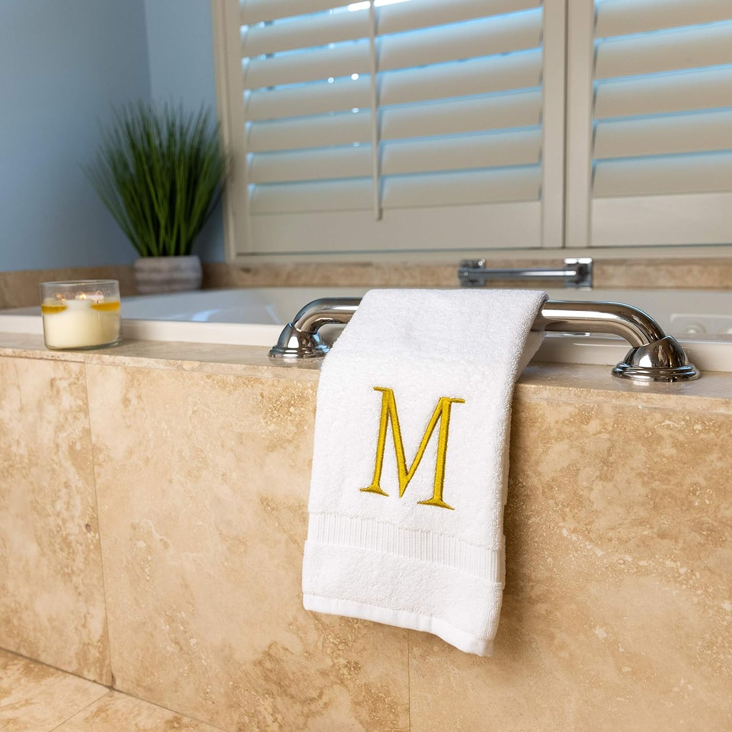 Monogrammed Hand Towels for Bathroom - Luxury Hotel Quality Personalized Initial Decorative Embroidered Bath Towel for Powder Room, Spa - GOTS Organic Certified - Set of 2 Gold Letter M