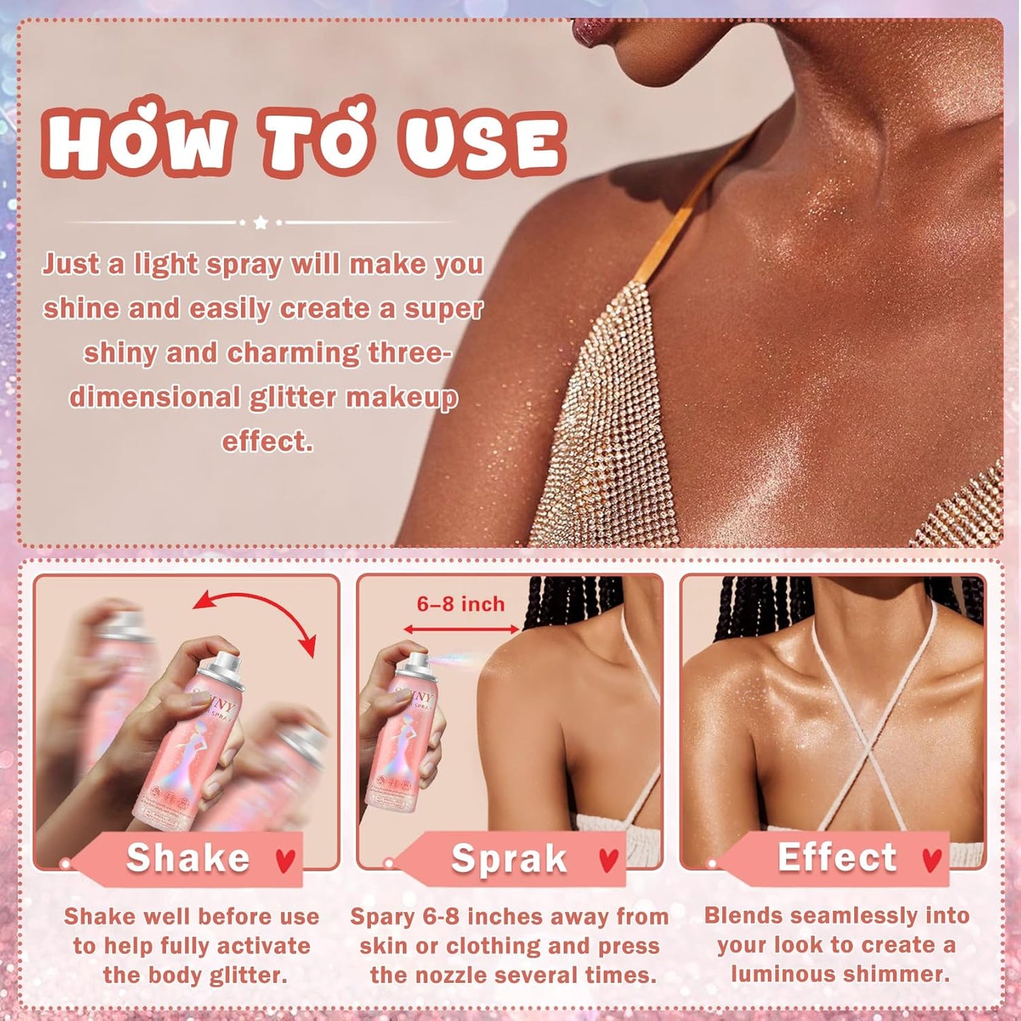 Body Glitter Spray,Holographic Glitter Hairspray,Long-lasting and Quick-drying,Shimmer Spray for Kids Women,Suitable for Festival Music Concert Party Rave Accessories (Rainy-Rainbow)