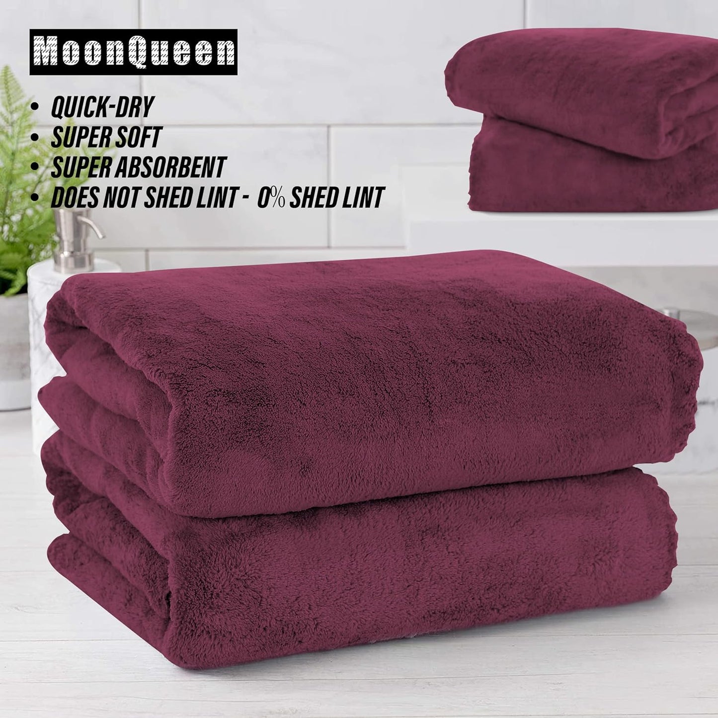 MOONQUEEN 2 Pack Premium Bath Towel Set - Quick Drying - Microfiber Coral Velvet Highly Absorbent Towels - Multipurpose Use as Bath Fitness, Bathroom, Shower, Sports, Yoga Towel (Burgundy)